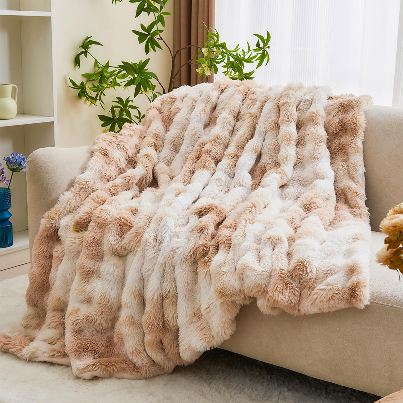 STYHO Plush Bubble Blankets for Sofa Bed Soft Fluffy Tie Dyed Faux Fur Throws Warm Cozy Large Size Khaki and White Fuzzy Fleece Blanket Throws for All Season Use(Khaki White - Image 3