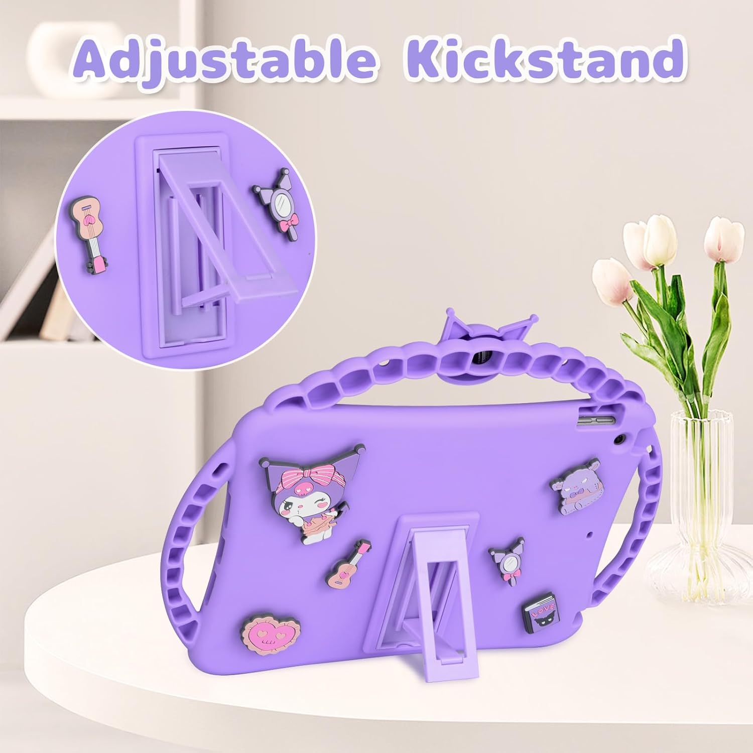 for iPad 9th 8th 7th Generation Case, iPad 10.2 inch Case with Wallet Kickstand Shoulder Straps Handles Cute Cartoon Soft Silicone Tablet Cover for Kids Girls Boys (Purple)