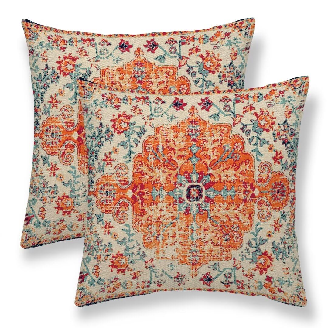 Sunshineyan Boho Throw Pillow Covers 22 x 22 Set of 2, Orange Blue Carpet Pattern Pillow Covers Ethnic Design Rustic Farmhouse Cushion Cases Linen