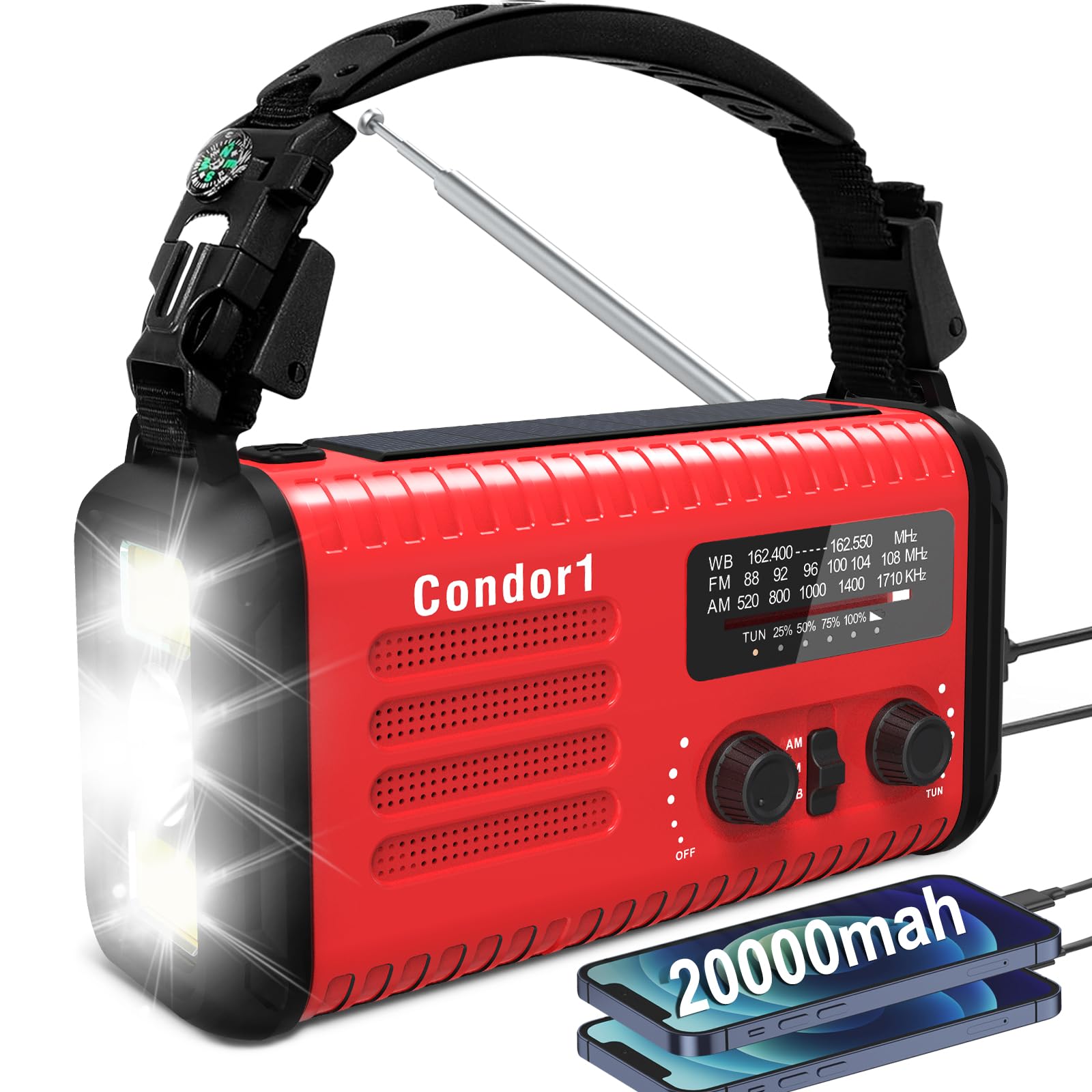 Radio di emergenza da 20.000 mAh, con manovella a energia solare, radio AM FM NOAA, batteria ricaricabile, allarme SOS, torcia elettrica, lampada da lettura per casa e emergenza all'aperto (rosso)