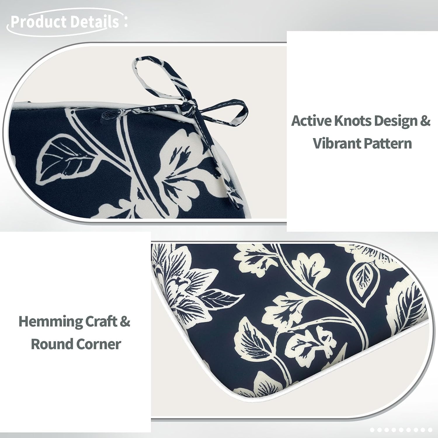 Outdoor/Indoor Chair Cushions with Ties, Waterproof All Weather Seat Cushions for Patio Furniture Home Garden Chair, Set of 2, 16x17 Inch, Elegant Vines Navy