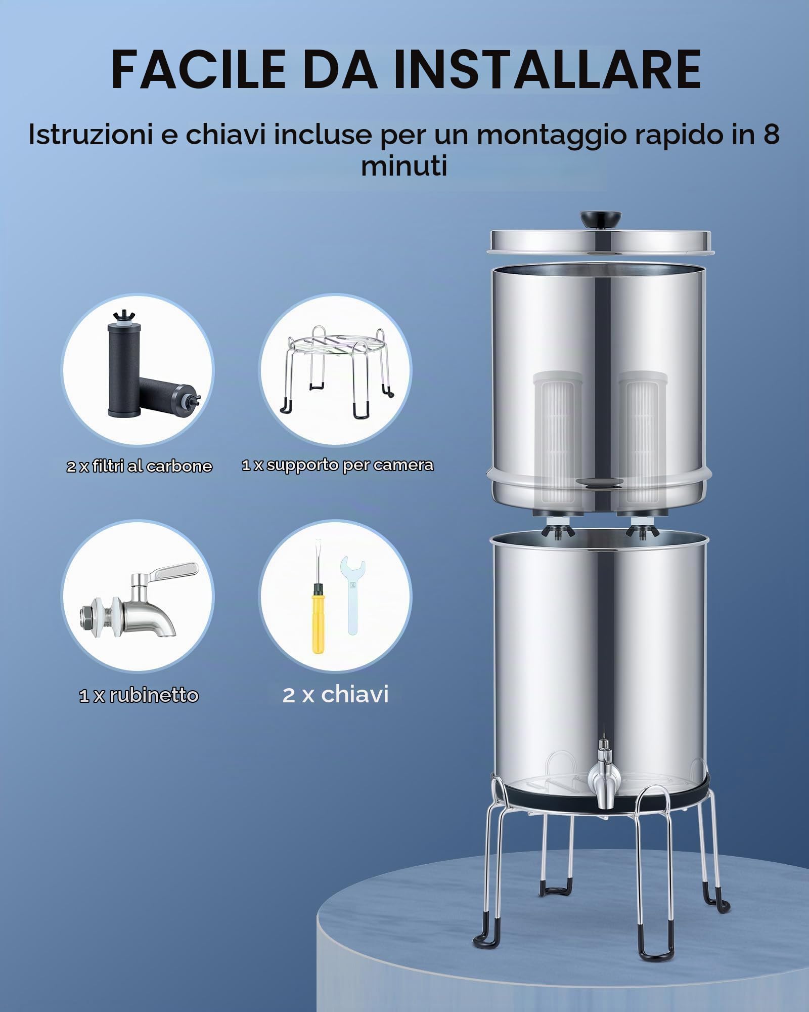 CO-Z 8.5L Sistema di Filtraggio dell'Acqua a Gravità Purificatore D'acqua a Gravità da Banco in Acciaio Inossidabile 304 con 2 Filtri al Carbone con Staffa e Rubinetto Certificazione NSF/ANSI 42