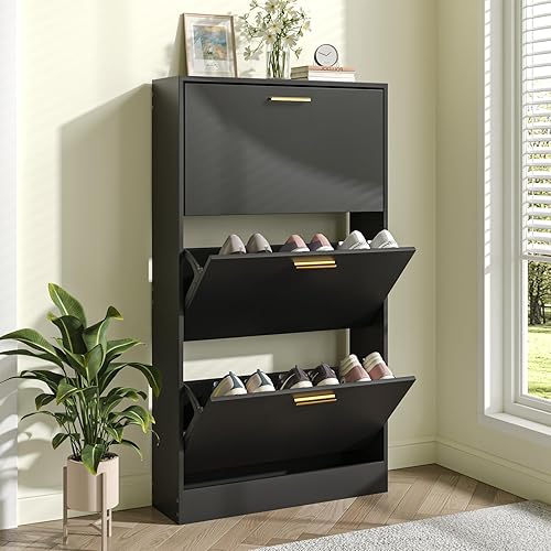Vista 28 de JOZZBY Zapatero de almacenamiento para entrada, organizador de zapatos delgado y estrecho independiente con 2 cajones abatibles, zapatero de madera