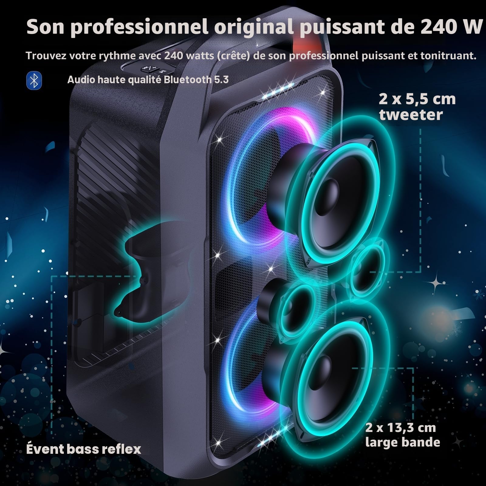Foxdawn Enceinte Bluetooth Puissante Portable, 240W Peak Haut Parleur Bluetooth, Super Bass, 20H, avec Lumières LED, BT5.3, USB/TF/AUX/MIC & Guitare in, pour Party, Camping, Jardin