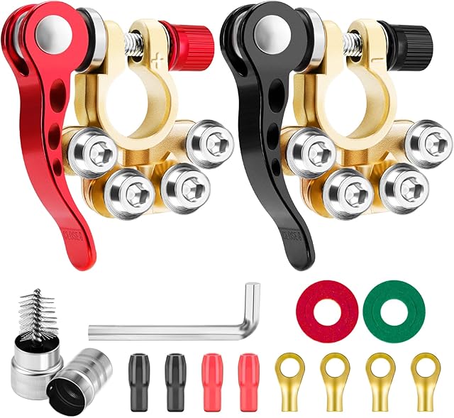 Makerfire 12V/24V Battery Terminal Connectors, Leisure Battery Terminals, Quick Release Battery Terminals Clamps, 4-Way Positive Negative Battery Terminals for Car Motorcycle Van Caravan Boat