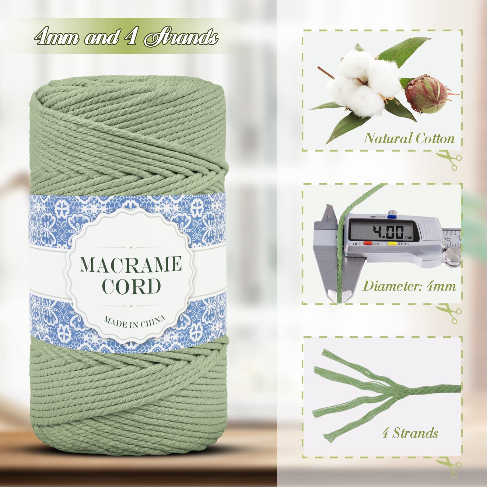Uiopa Corde Macramé 4mm x 200m Fil Macrame Coton Naturelle 4 Brins Ficelle Macramé Corde, Cordelette 4mm pour Tressée DIY, Plante Suspendue, Rideau, Décorations Murale Boheme (Café)