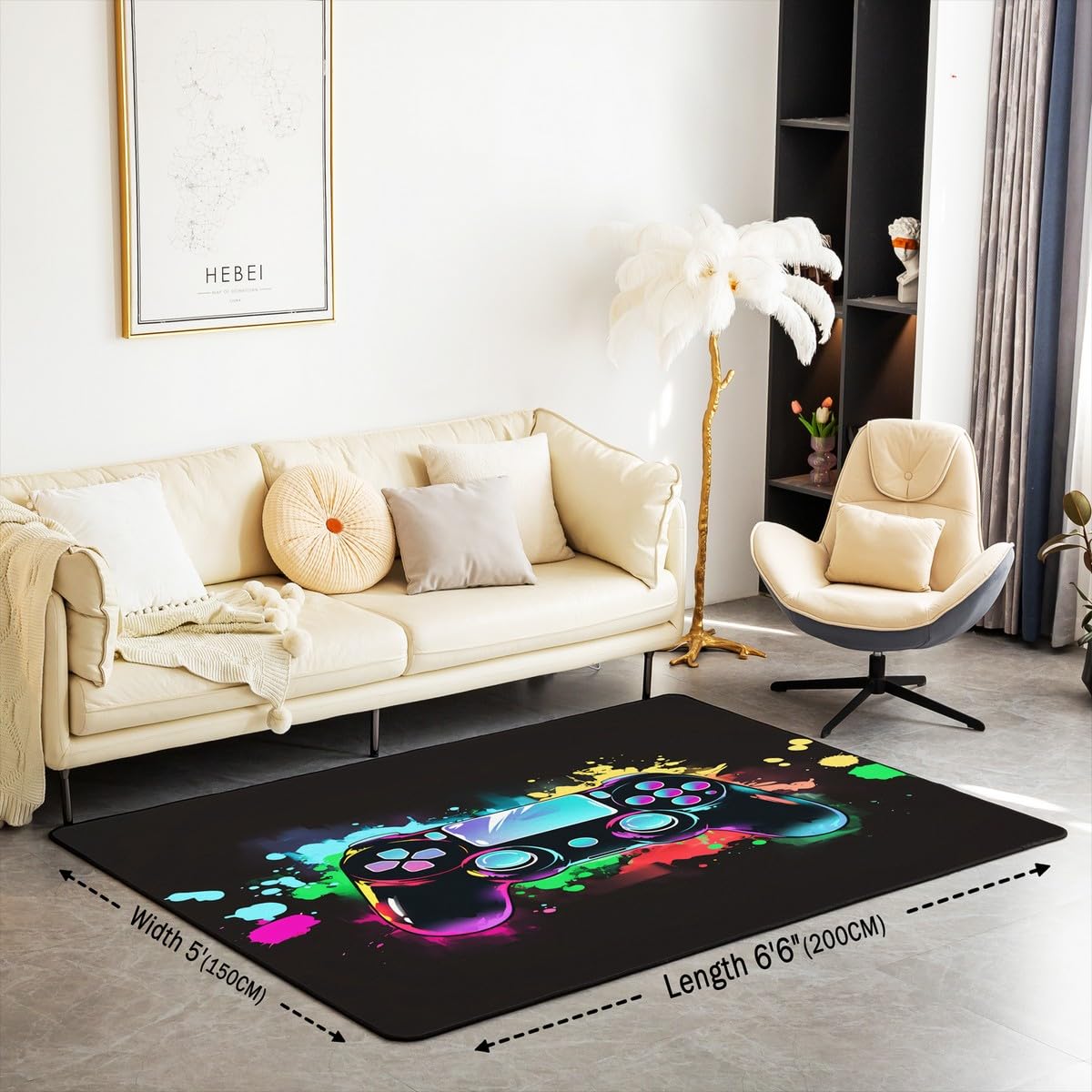 Loussiesd Dywan do salonu dla graczy, 100 x 150 cm, gamingowy dywan akcentujący dla chłopców, dziewcząt, nastolatków, nowoczesny kontroler konsoli do gier, wewnętrzna mata podłogowa, joystick, węgiel,