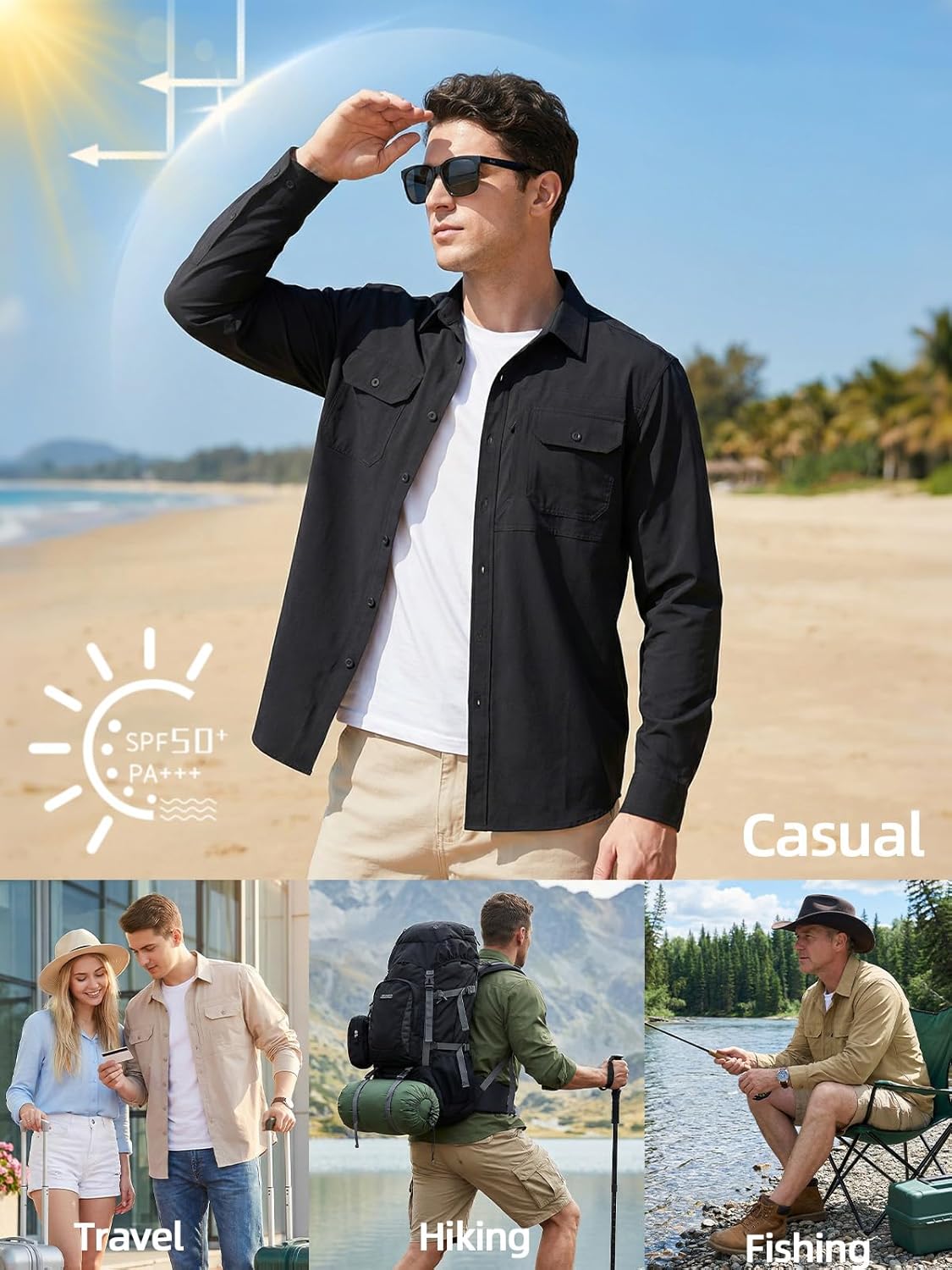 Men's Long Sleeve Work Shirt 3 Pockets UPF50+ Protection Lightweight Moisture Wicking Quick Dry Button Up S-XXL