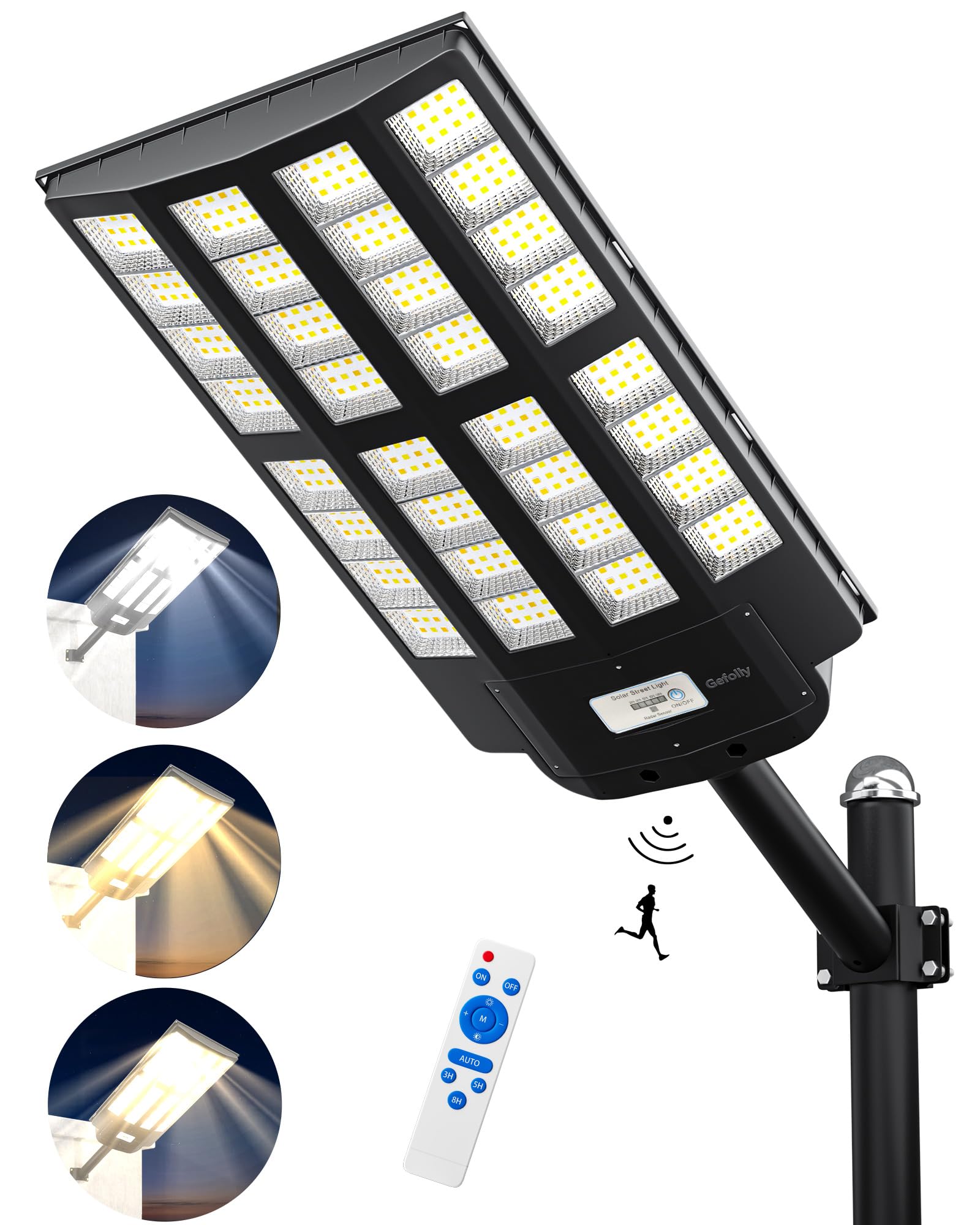 Gefolly Lampione Solare LED Esterno, Faro LED Esterno con Pannello Solare con Sensore di Movimento, 3000K/4000K/6500K IP67 Impermeabile Faretto solare Esterno per Giardino Garage Strada (SL-7800W)