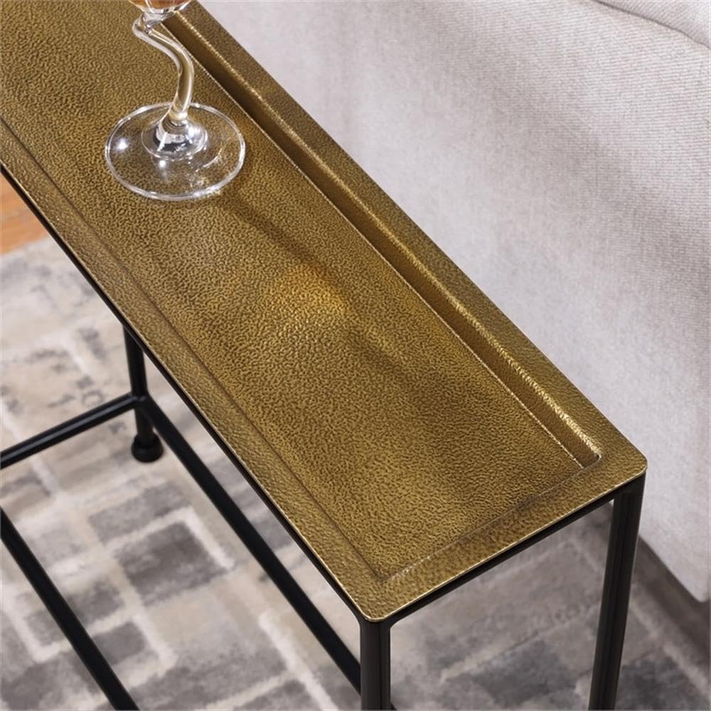 Antique Brass Side Table, Removable Tray Top with Textured Metal Look, Slender Rectangle Design, Space-Saving Accent for Living Room