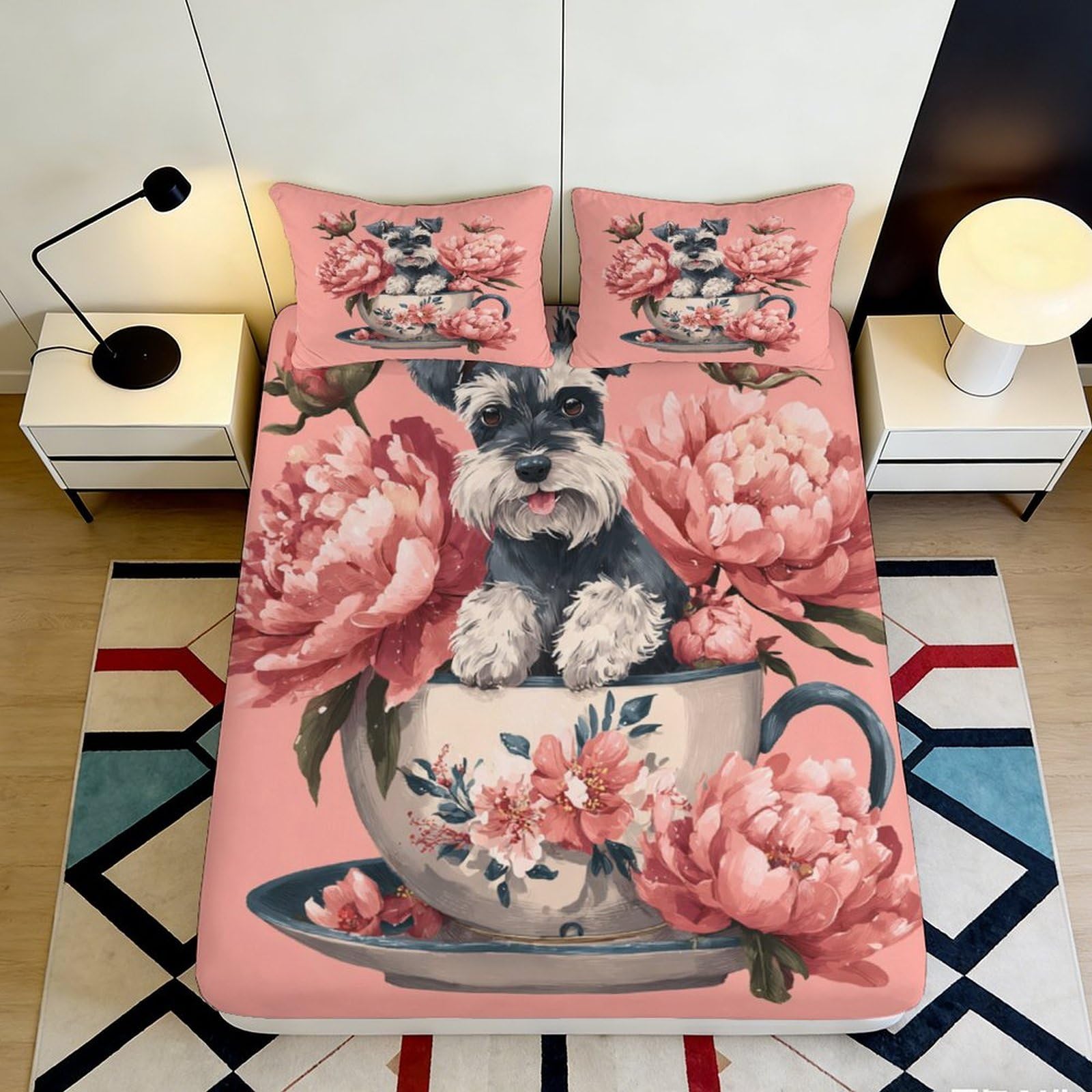 3D Printed Schnauzer Dog Floral Fitted Sheet Microfiber Non Slip Pink Bed Cover for Bedroom Guest Room Easy Care 180x200x25cm