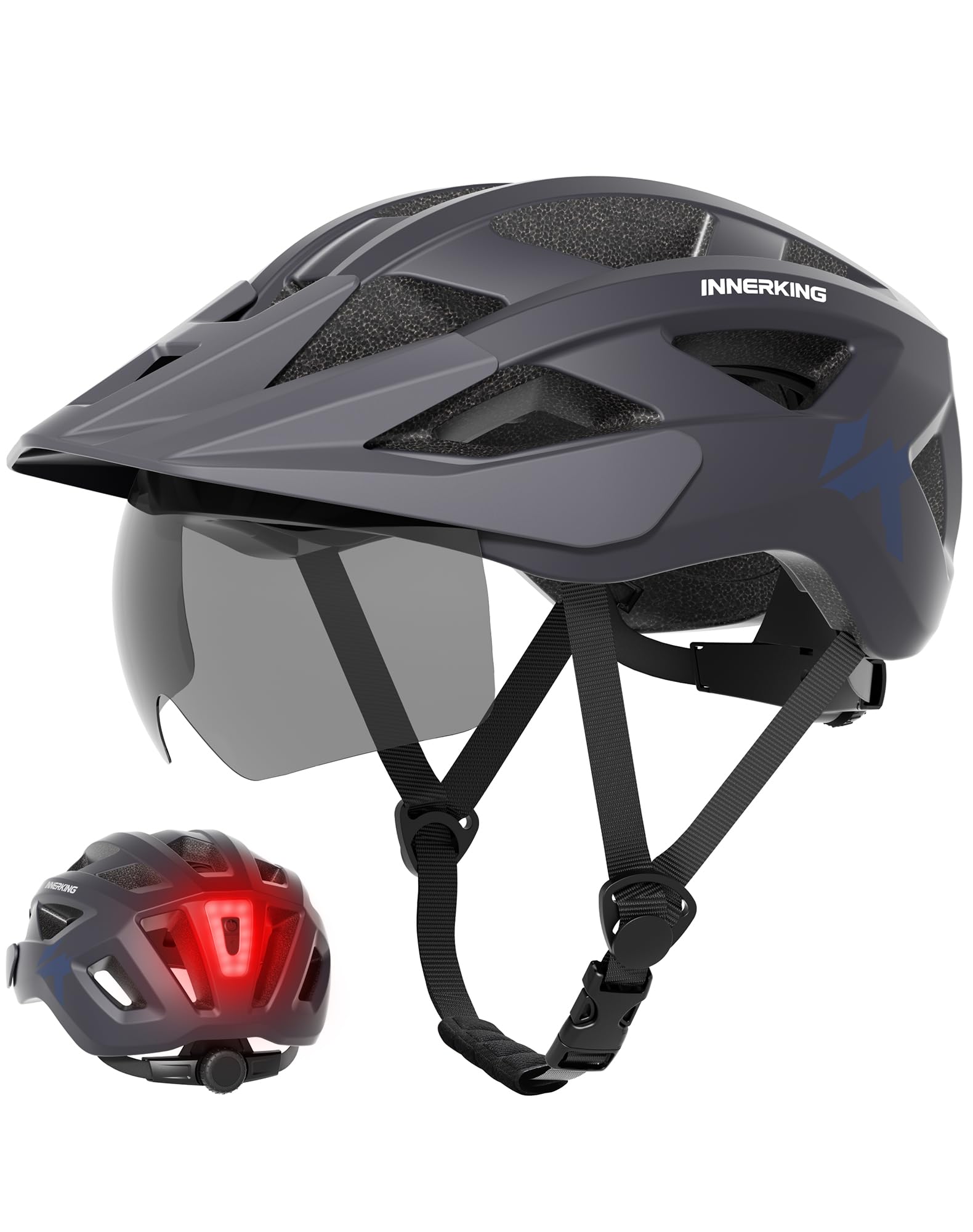 InnerKing Fahrradhelm Herren Damen Leichte Fahrradhelm mit LED Licht | Fahrradhelm mit Magnetische Schutzbrille Visier MTB Helm Radhelm Cityhelm
