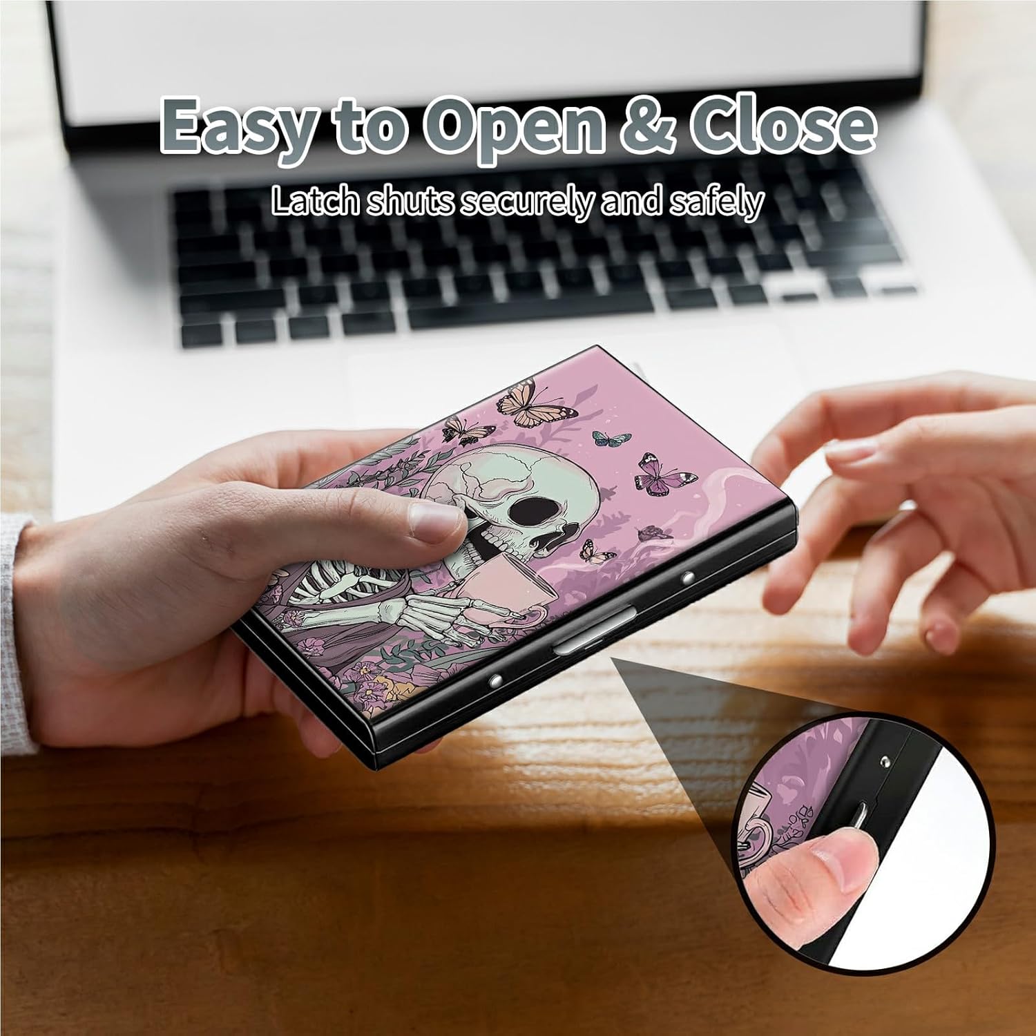 Metal Credit Card Holder RFID Blocking, Pink Skull Coffee Slim Mini Aluminum Wallet Hard Case for Men & Women, Small Business Card Case Card Organizer Case Holds 12 Cards & Bills - Image 6