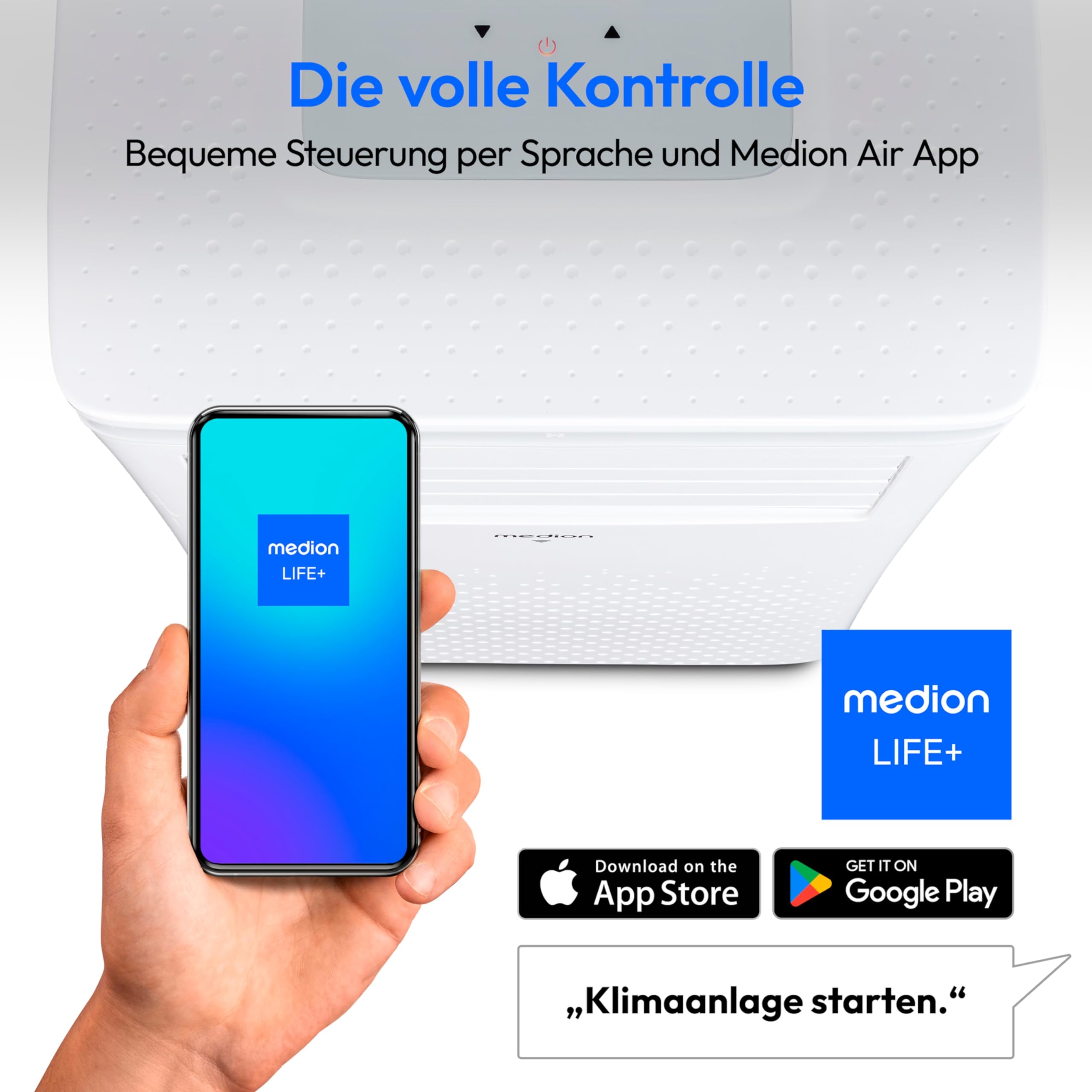 MEDION Smarte Mobile Klimaanlage mit Abluftschlauch P1002 (10000 BTU, mobil, inkl. Fensterabdichtung, bis 34m², 3in1 Kühlen Entfeuchten Ventilieren, App- und Sprachsteuerung, Schlafmodus, MD 37733)