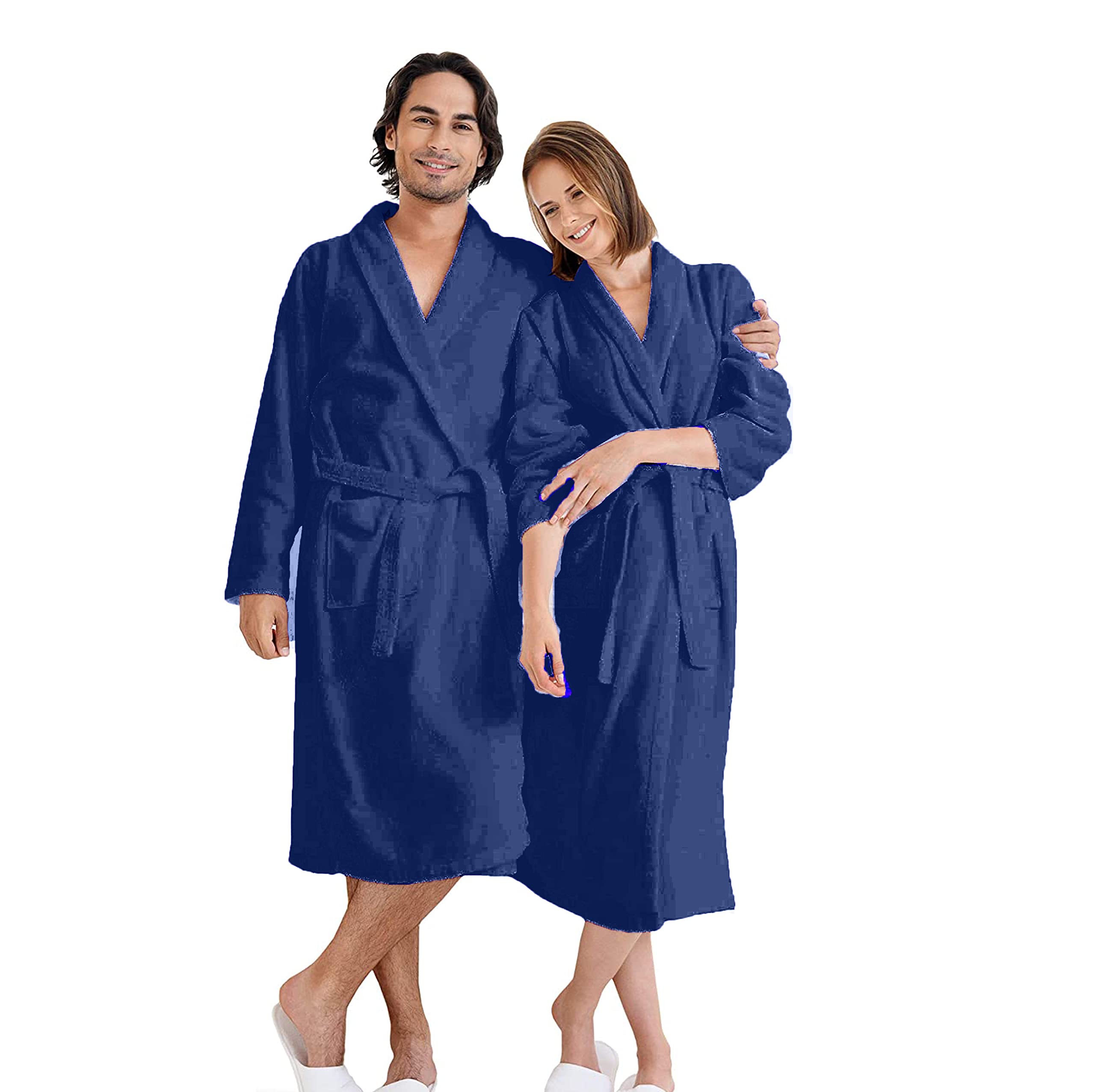 Hft Unisex Navy Luxury Shawl Bathrobe 100% Egyptian Cotton Ultra Soft & Hotel Quality Men & Women Spa Robe Terry Towelling (, L/Xl)