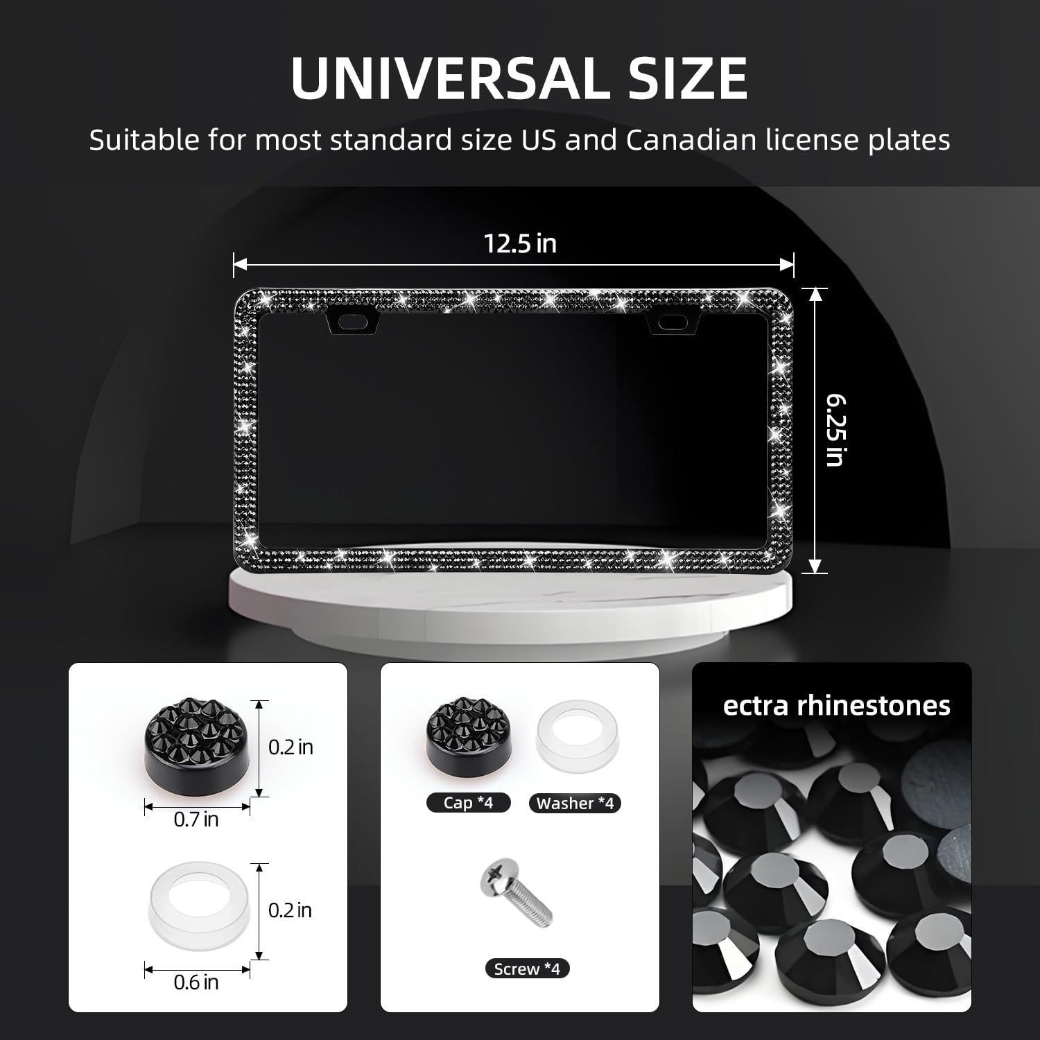 Bling License Plate Frames - 2 Pack Glitter Crystal Diamond Plate Covers For Women (Black)