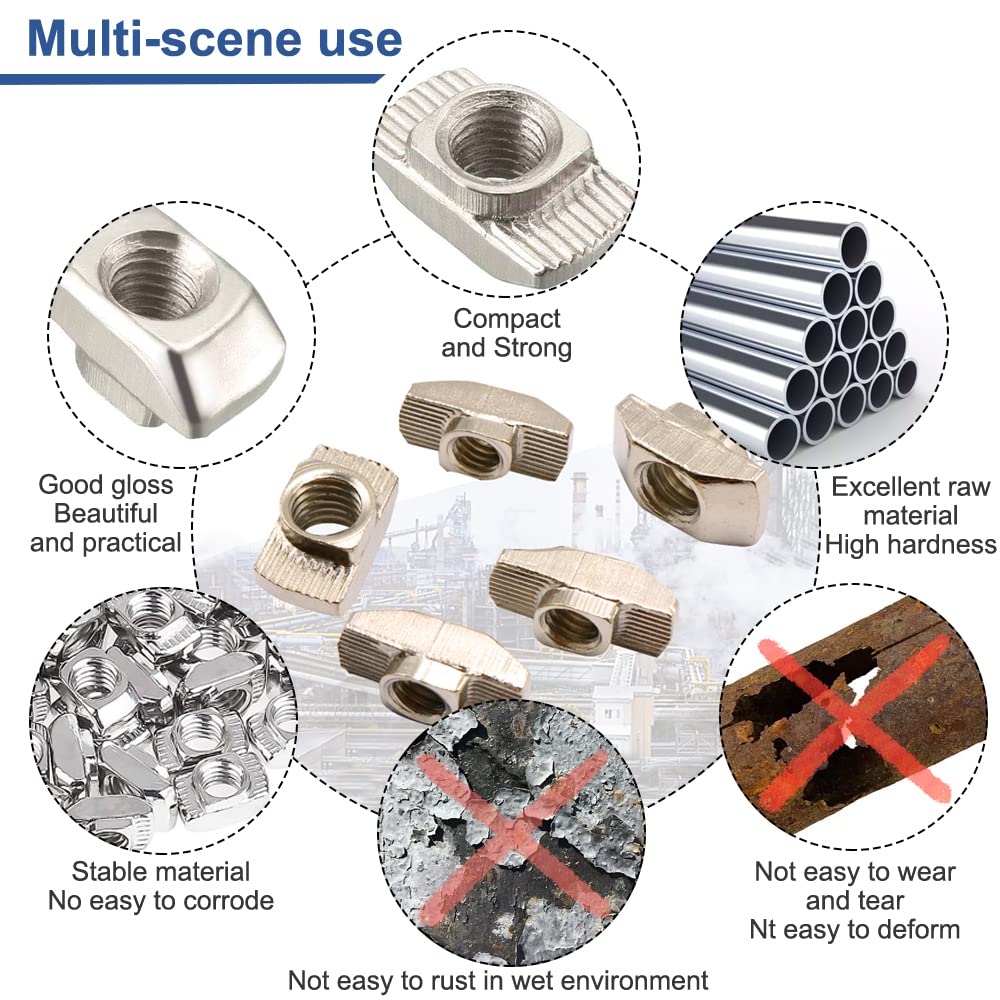 Dadi, 50 Pezzi Dado a T-Scanalatura, 2020 T Scanalatura Dado M5 in Acciaio al Carbonio, Dado a Testa Martello, Dado con T Nuts Scorrevole per Profilato in Alluminio, Mobili Ecc (EU20-M5 10 x 6)