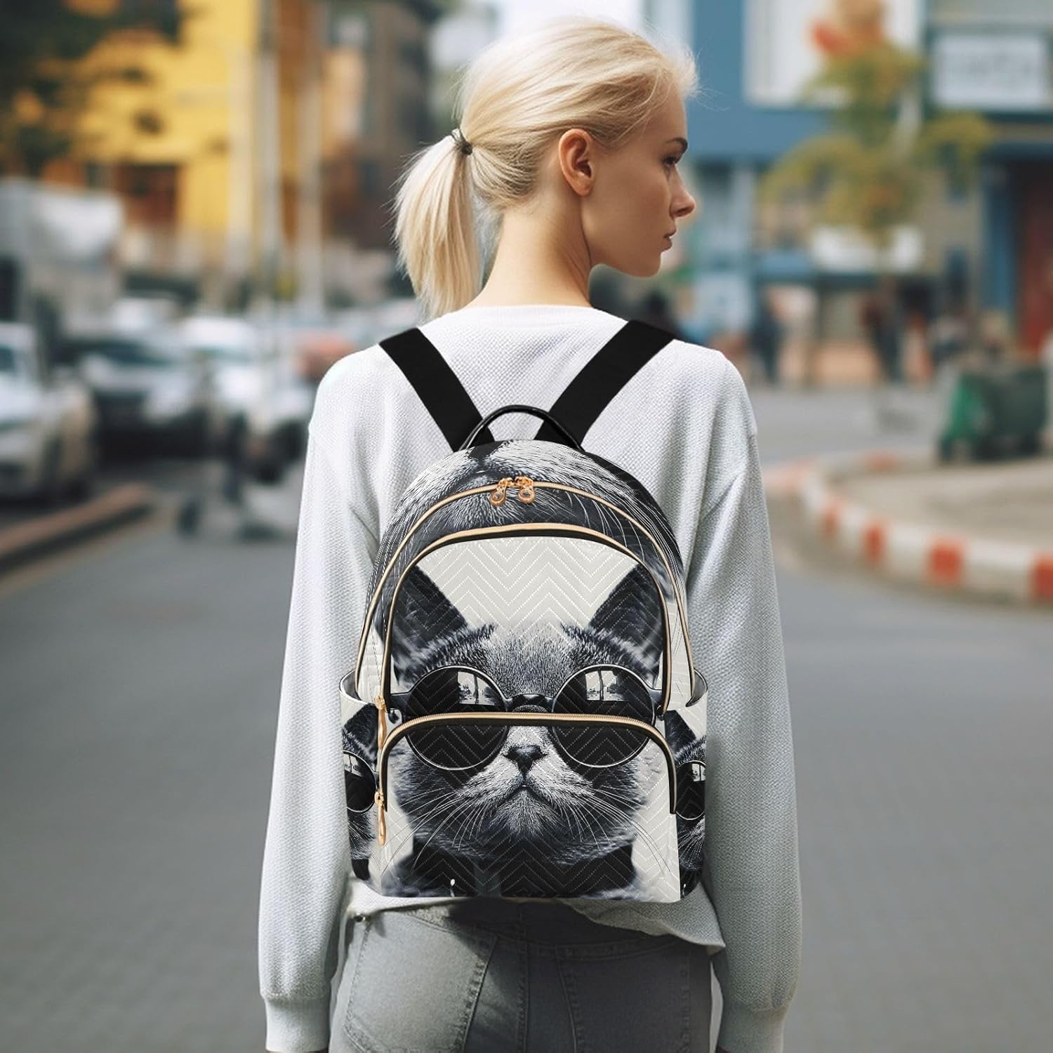 ALAZA Cat with Sunglasses Small Backpack Purse for Women Travel Bag Lightweight Shoulder Bag Fashion Daypack