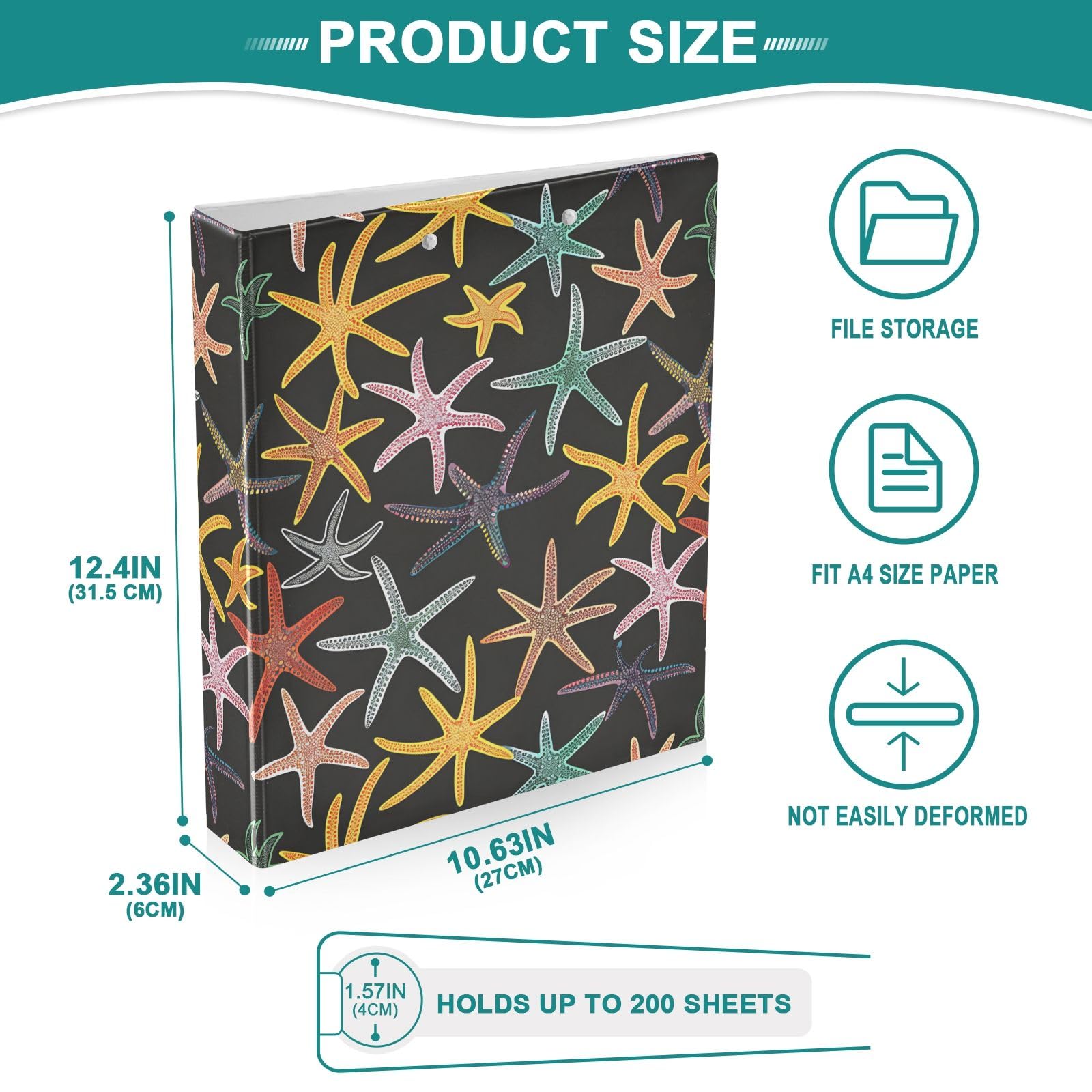 Raccoglitore a 3 anelli con stampa a stella marina colorata, 3,8 cm, contiene 200 fogli con 3 tasche interne trasparenti in PVC per scuola e ufficio