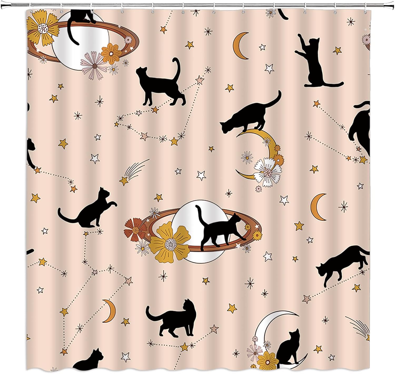 Mid Century Black Cat Shower Curtain Atomic Cat Modern Abstract Geometric Iconic Pattern 1950s Vintage Funny Pink Black Fabric Bathroom Curtains Decor Set with Hook (74.8" Wx70 H)