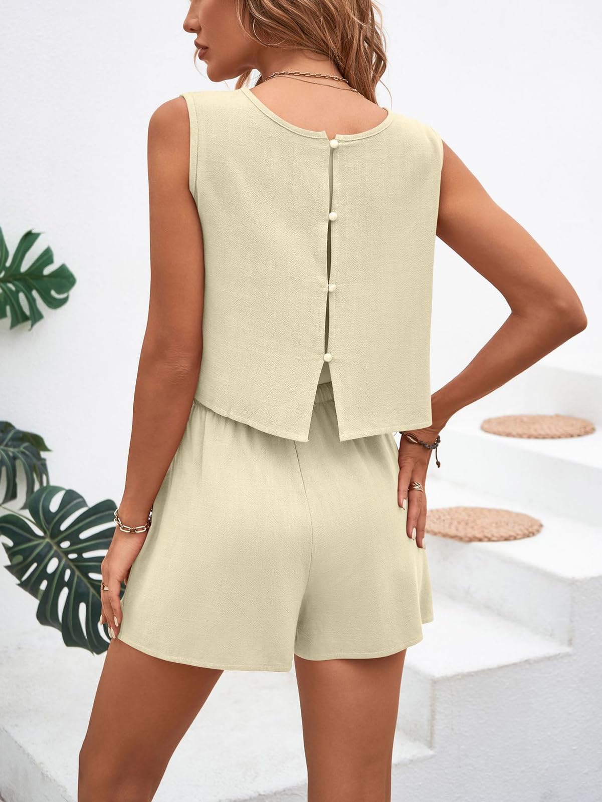 Conjunto Chándales Para Mujer Conjunto Chándale de Verano de sin Mangas Casual para Mujer Conjuntos Deportivo de Verano de Lino Chaleco sin Mangas y Pantalones Cortos de Cintura Alta