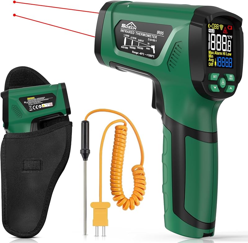 Infrared Thermometer Gun,SQECH Laser Thermometer Gun -40℉～2192℉(-40℃～1200℃),50:1 Non-Contact High Temp Thermometer with Thermocouple Probe,Color Backlight,Adjustable Emissivity,for Industry&Home