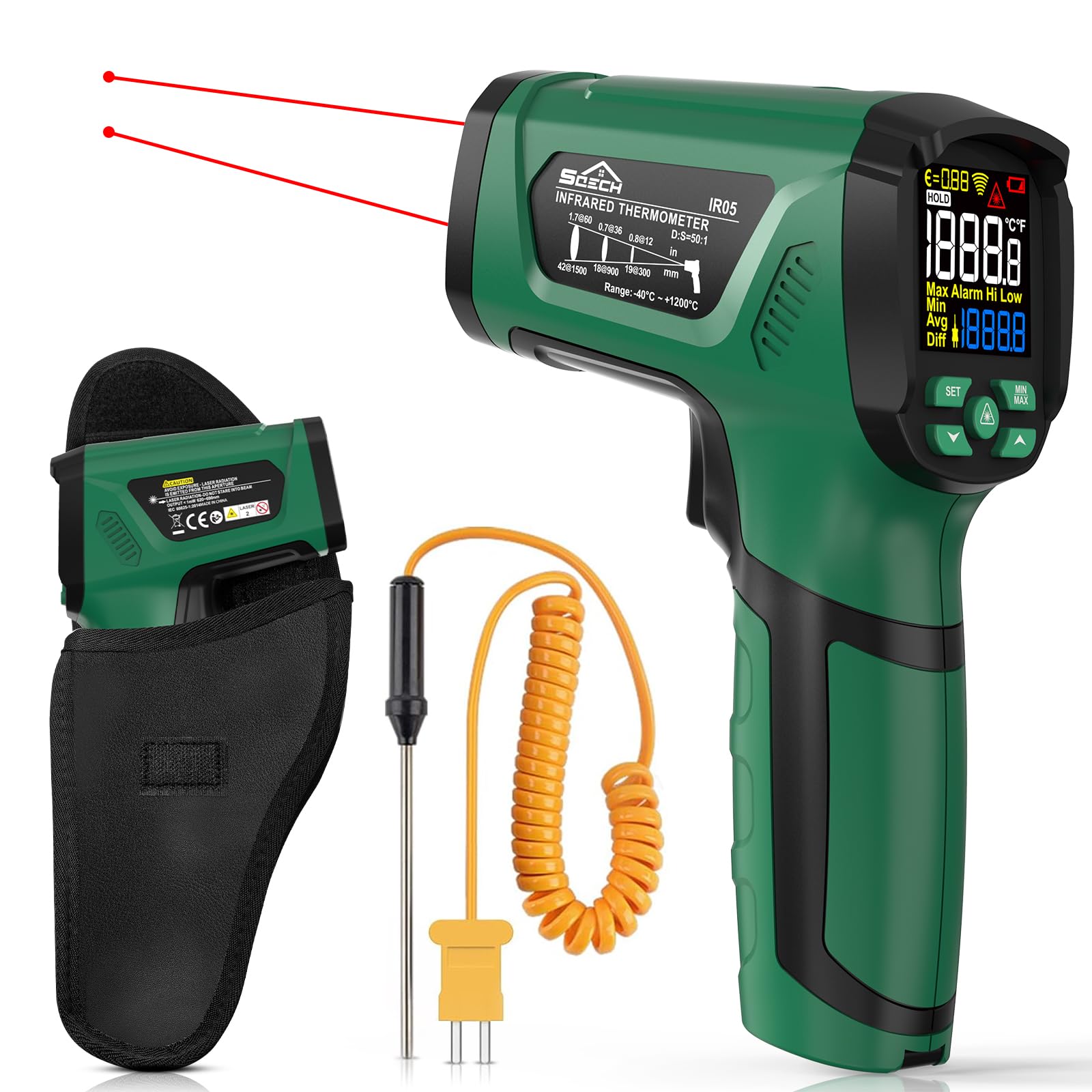 Infrared Thermometer Gun,SQECH Laser Thermometer Gun -40℉～2192℉(-40℃～1200℃),50:1 Non-Contact High Temp Thermometer with Thermocouple Probe,Color