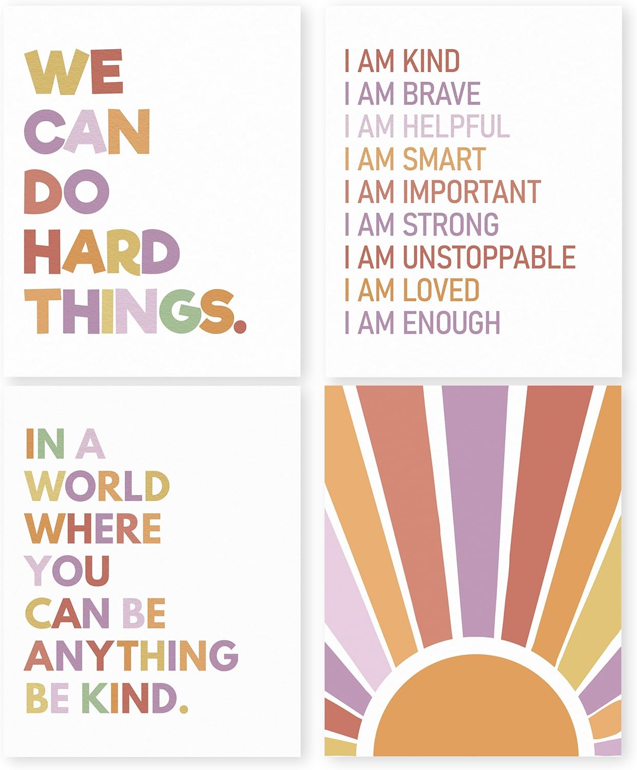 HRQKO Boho Inspirational be Kind Wall Art Poster Prints Set of 4, Playroom Wall Decor, Positive Quotes Orange Artwork Printing Posters Wall Decor, Boho Sunshine Prints for Classroom 8”x10” Unframed
