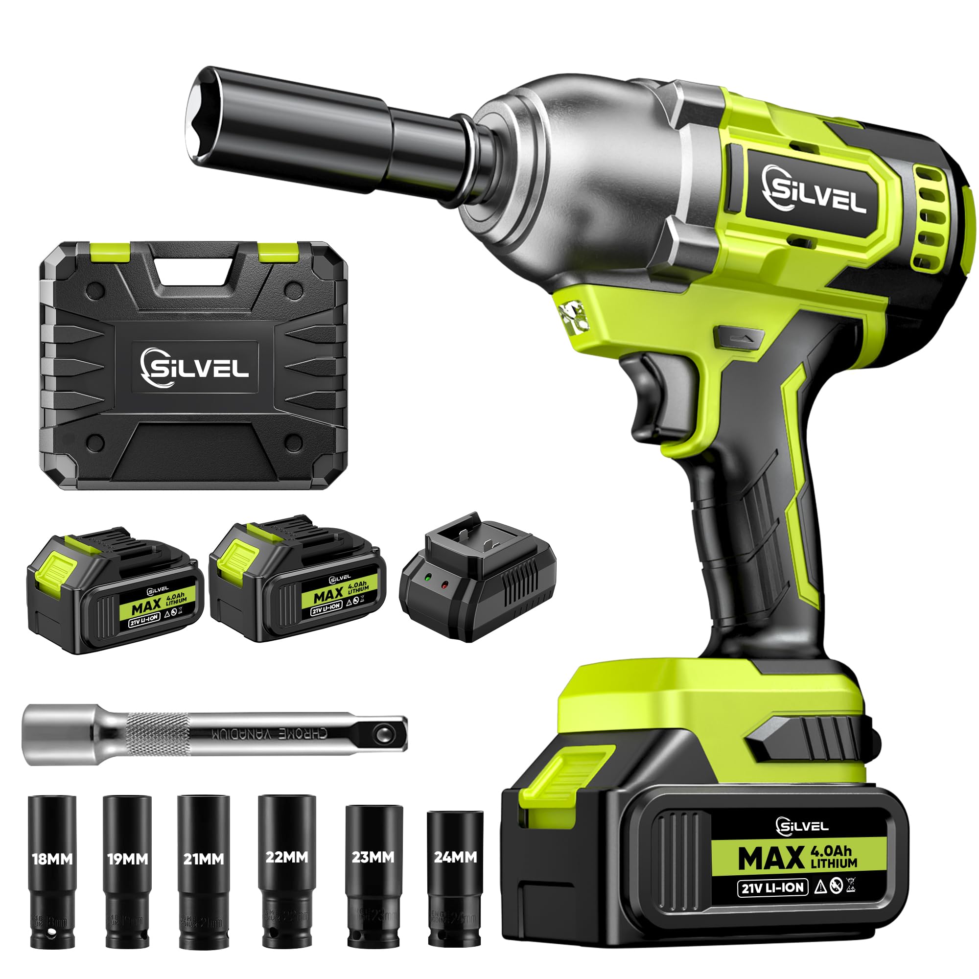 SILVEL Cordless Impact Wrench, MAX 650N.M Brushless Impact Gun 1/2 inch, 2 * 4.0Ah Battery, 6 Sockets, 3300RPM Impact Driver wih Fast Charger