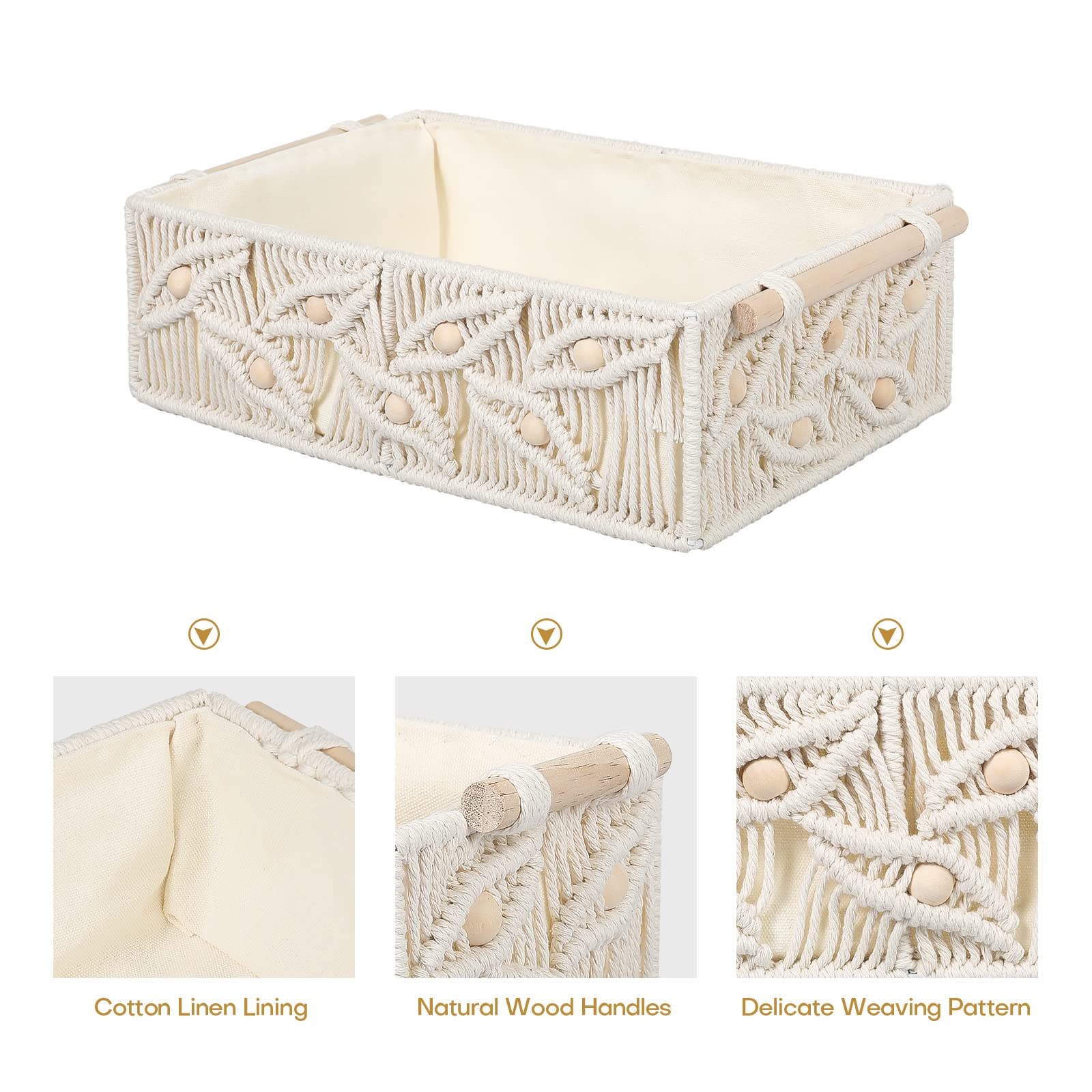 ANMINY Makramee-Aufbewahrungskörbe-Set, handgefertigt, Baumwolle, gewebt, dekorative Boho-Schreibtisch-Aufbewahrungsboxen mit Holzgriffen, Holzperlen, Kinderzimmer, Baby, Organizer, Behälter