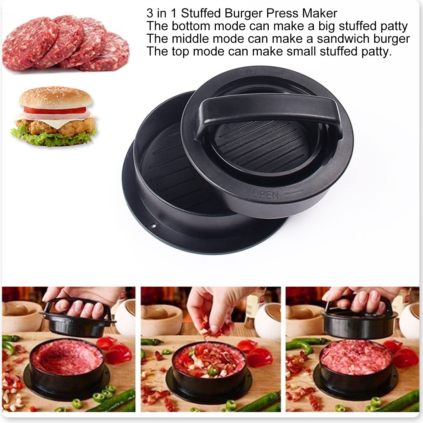 QANYEGN 3 in 1 Stuffed Burger Press, Plastic Hamburger Press Patty Maker with Removable Lifting Plate, Hamburger Patty Maker, Kitchen Gadgets to Make Patty