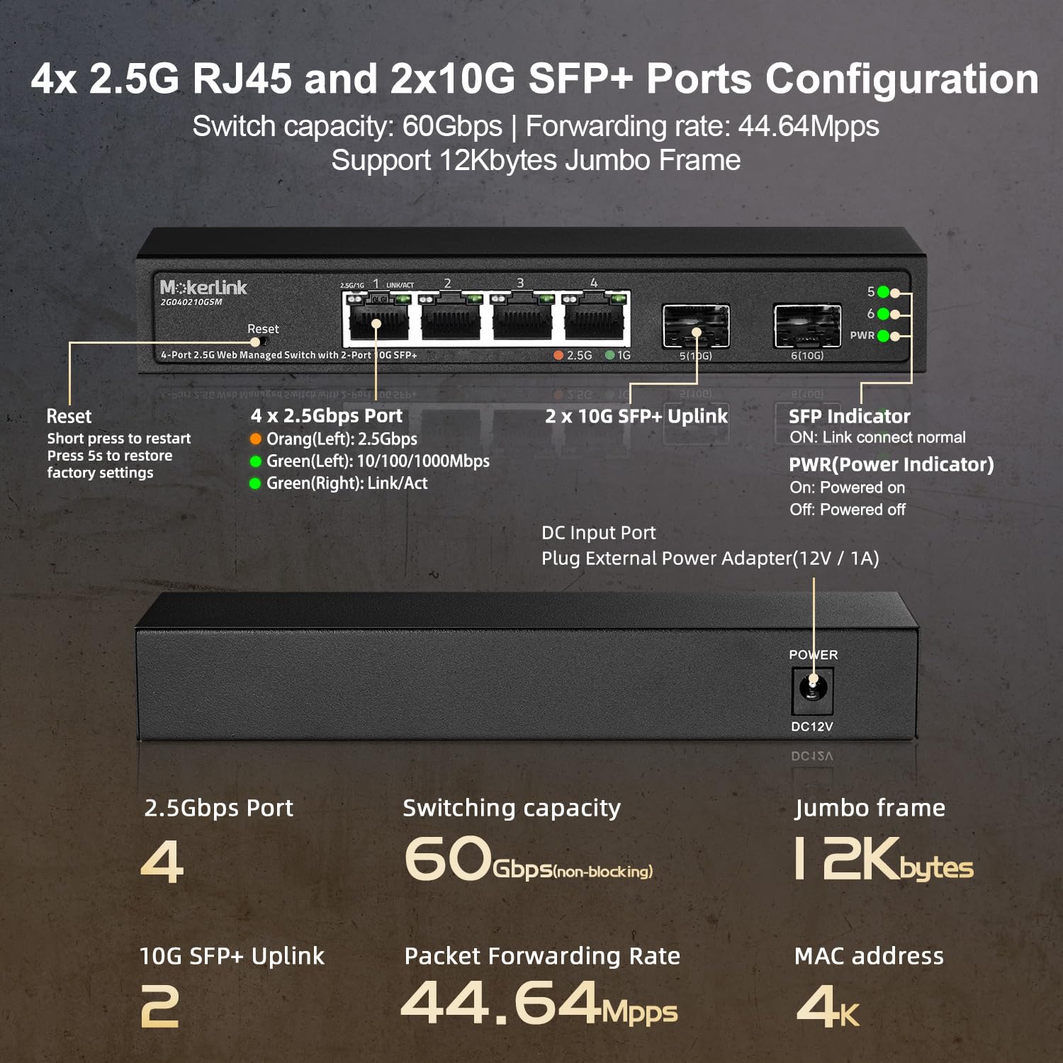 MokerLink Switch Gestión 4 Puertos 2.5G SFP+ 10G, 4 Puertos 2.5GbE Compatibles 10/100/1000Mbps Tamaño Mini Metal Web Managed Fanless
