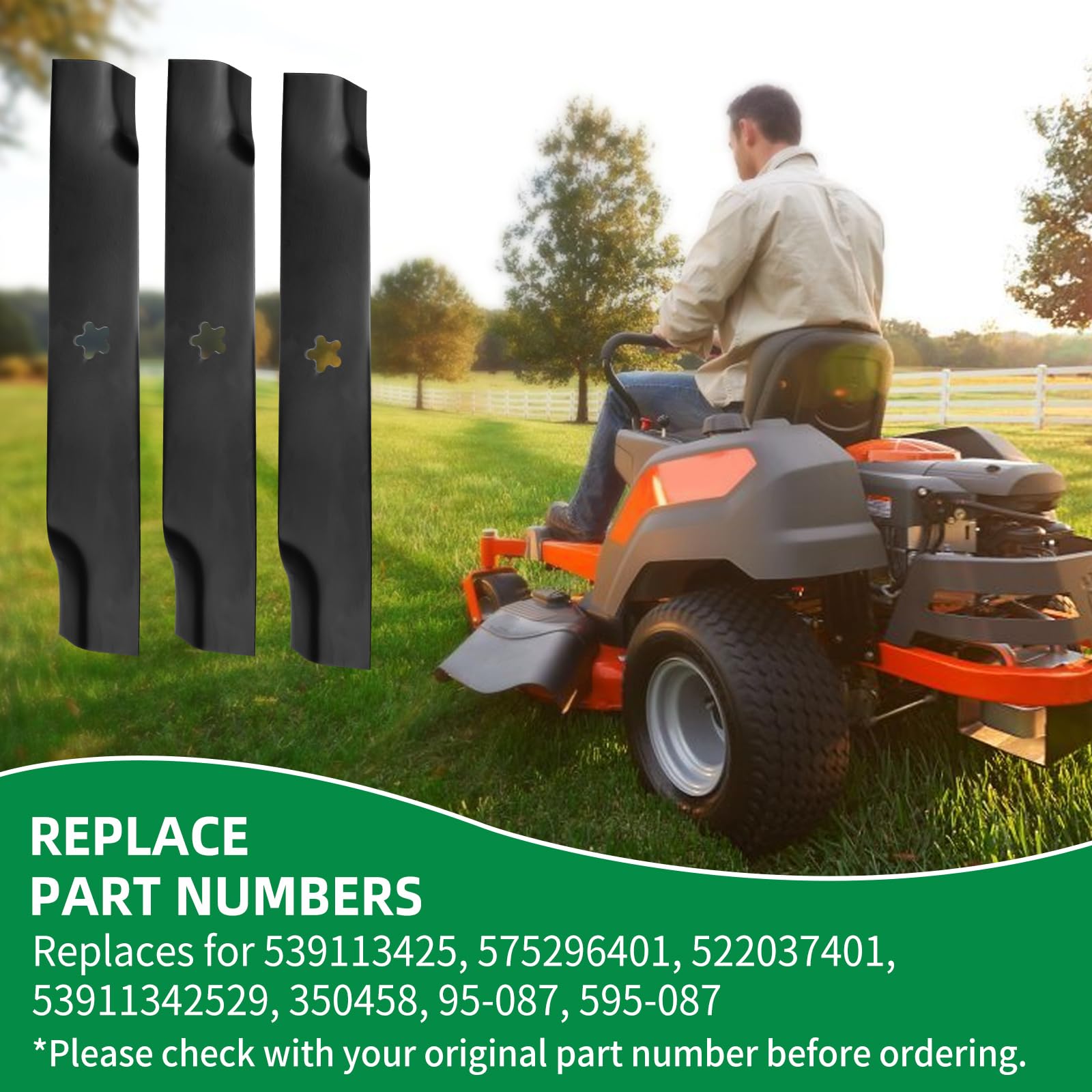 539113425 Juego de cuchillas de repuesto para cubierta Hu sqvarna de 48 pulgadas, cuchilla de cortacésped 575296401 compatible con tractor Hu sqvarna EZ4824 EZ5225 Zero Giro, 48 pulgadas Cut