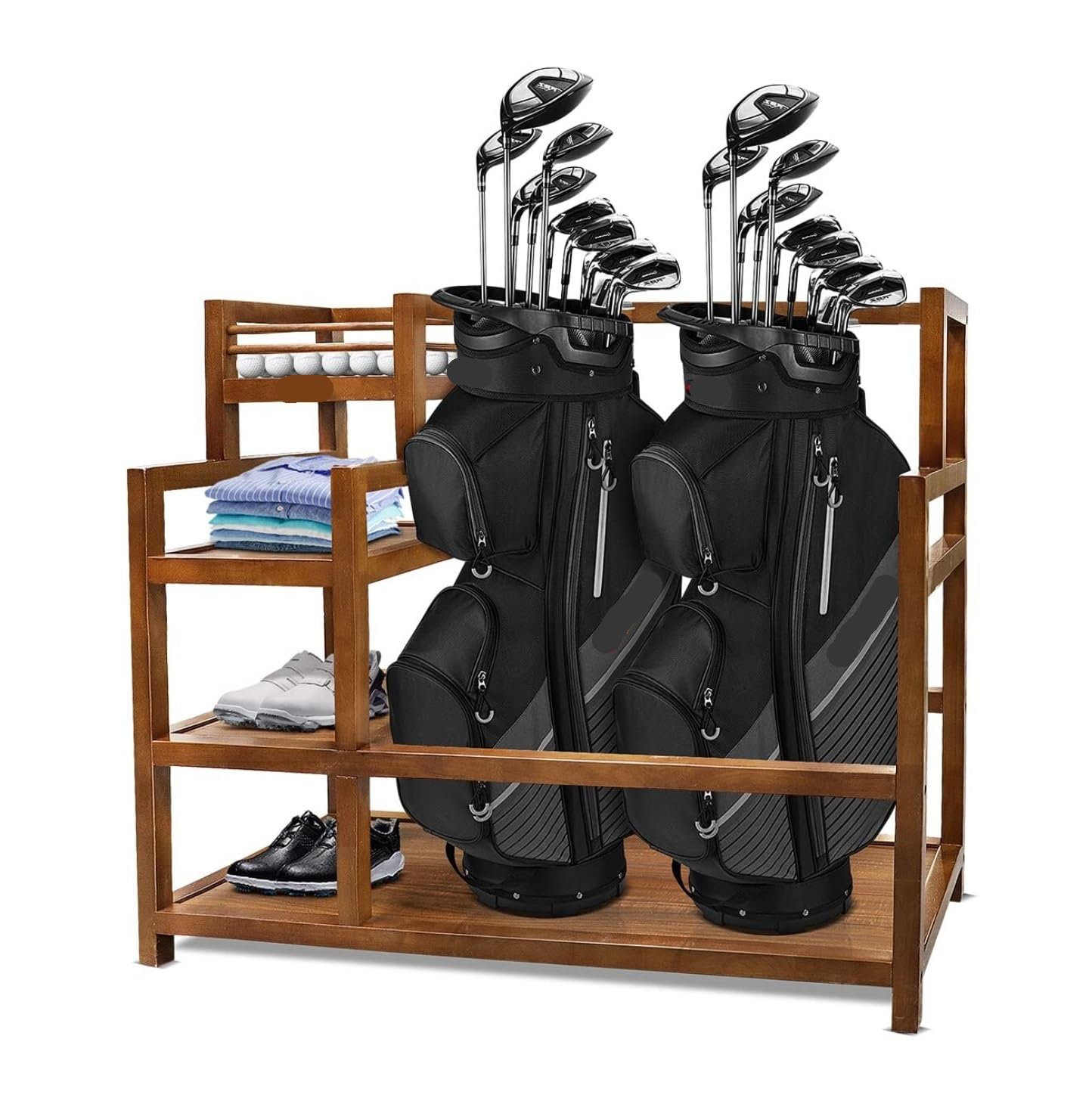 MHbdfsxz Golf Club Organizer For Indoor Outdoor Wooden Golf Storage Garage Organizer For Bag Stand For 2 Bags Equipment Accessories Golf Course Accessories