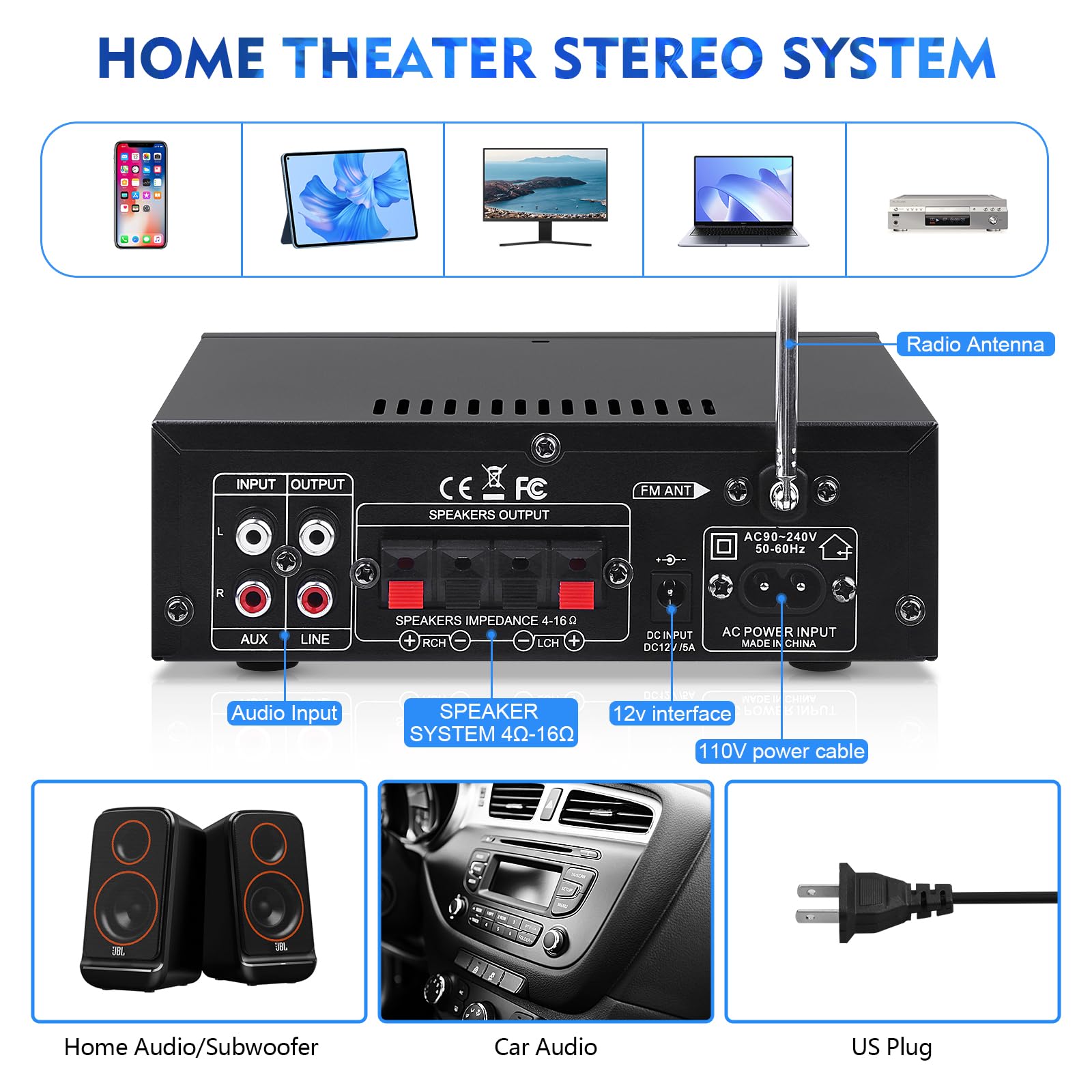 Amplificatore HiFi BT-298A+ Bluetooth5.0 Mini Stereo Audio Amplificatore Ricevitore 2 Canali 40W x 2 Amplificatore Bluetooth Digitale di Potenza con Radio FM, Scheda SD/USB per Casa/Auto