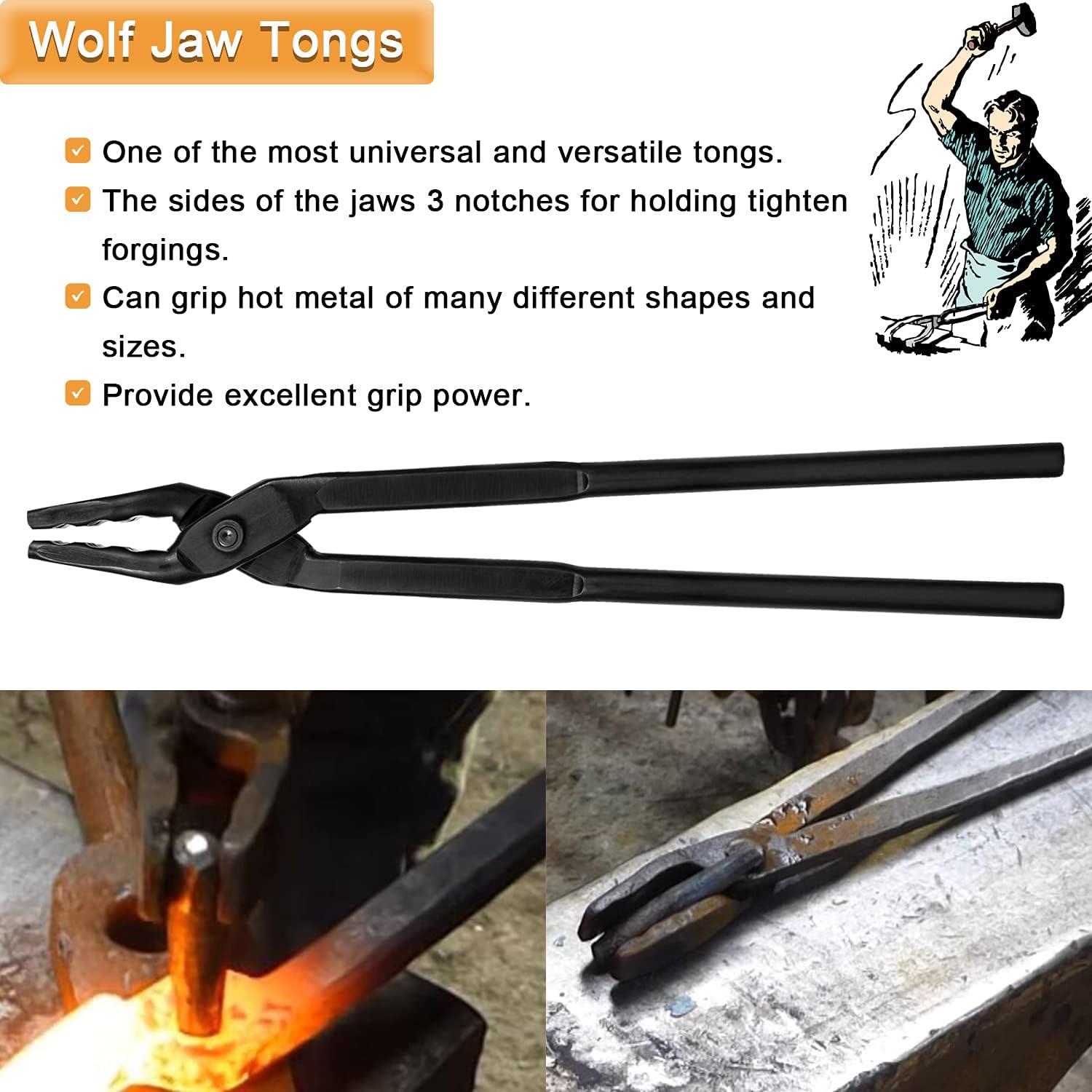 Blacksmith Forging Tools Kit Wolf Jaw Tongs - 15" length and Blacksmith Hammer For Anvil Blacksmithing Forging Hammer Forge Tools For Making Knife, Forged Tongs