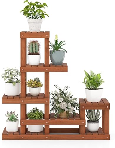Giantex Shorea - Soporte de madera para plantas de 6 niveles, estante escalonado para múltiples plantas en maceta con estructura alta y baja,