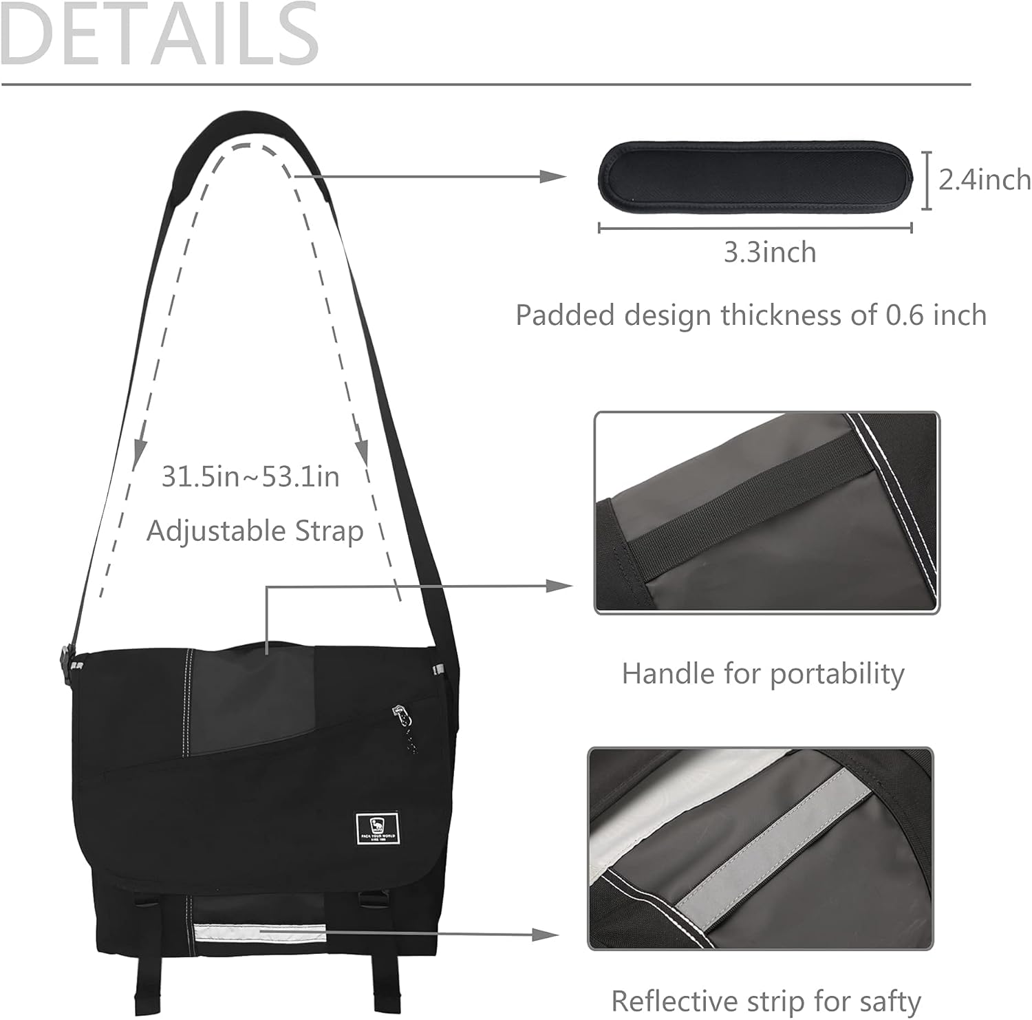 OIWAS Small Messenger Bag for Men/Women Crossbody Travel Briefcase Bags Shoulder Bag Canvas 14 Inch Laptop Computer Satchel Bag Work Black - Image 4