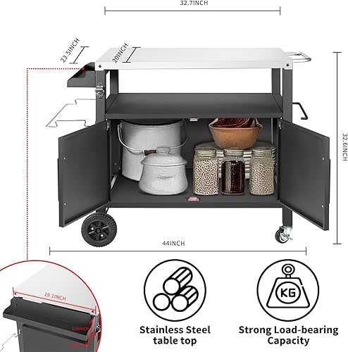 Miniatura 6 de Mesa de carrito de parrilla con armario de almacenamiento grande, carrito de comedor movible al aire libre, soporte para horno de pizza, carrito