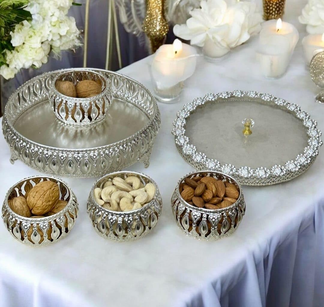 German Silver Round 4 Bowl Set with Lid & Tray | Crystal Knob, Dry Fruit & Sweet Server, Elegant Home Décor, Festive & Wedding Return Gift-image-40