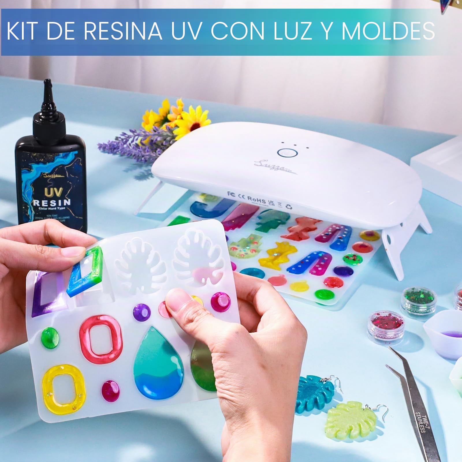 Suzzam Kit de resina UV con lámpara, kit de fabricación de joyas de resina UV transparente de 300 g con moldes, lámpara UV de 30 W y herramientas | Kit de manualidades no tóxico de bajo olor para