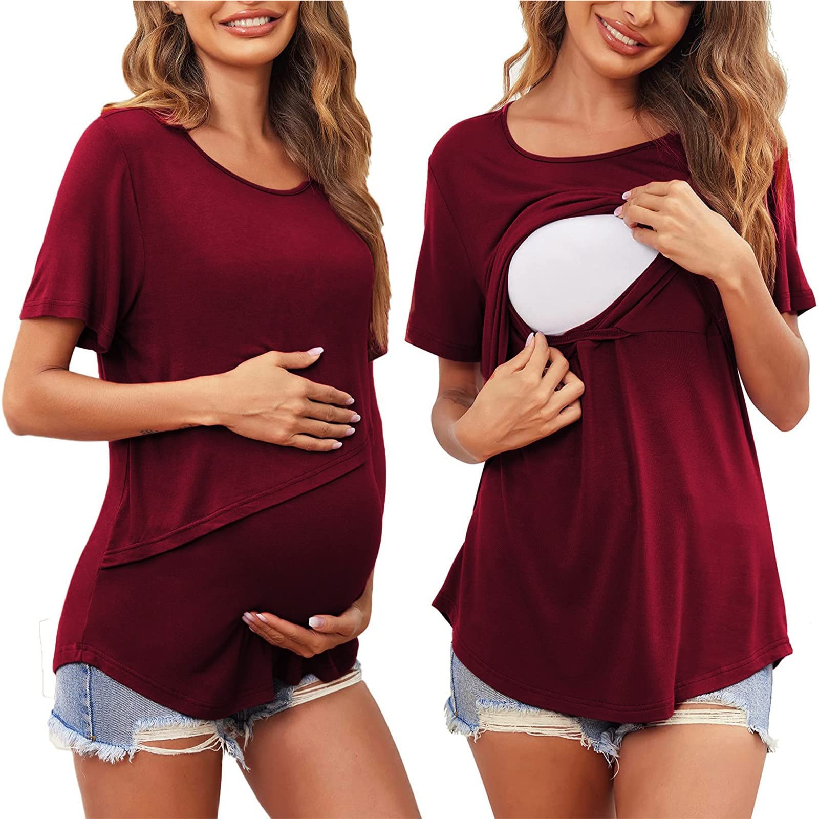 STKOOBQ Lot de 3 t-shirts d'allaitement à manches courtes et col rond pour femme - Couleur unie, Noir , S