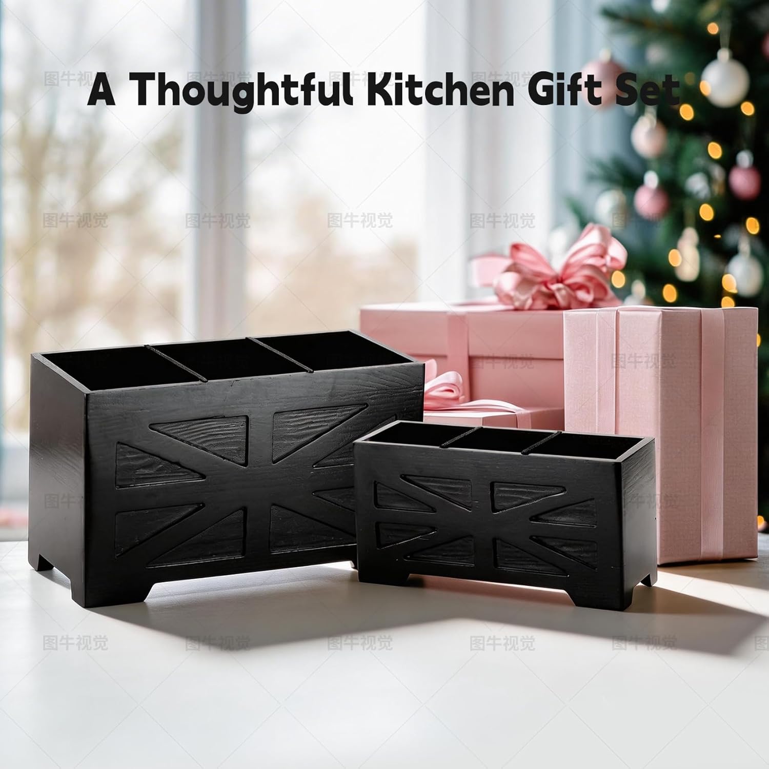 PEKER Large Wooden Utensil Holder with Removable Divider - 3-Compartment Countertop Organizer for Cooking Utensils - Black Kitchen Crock for Easy Storage 2 Pack