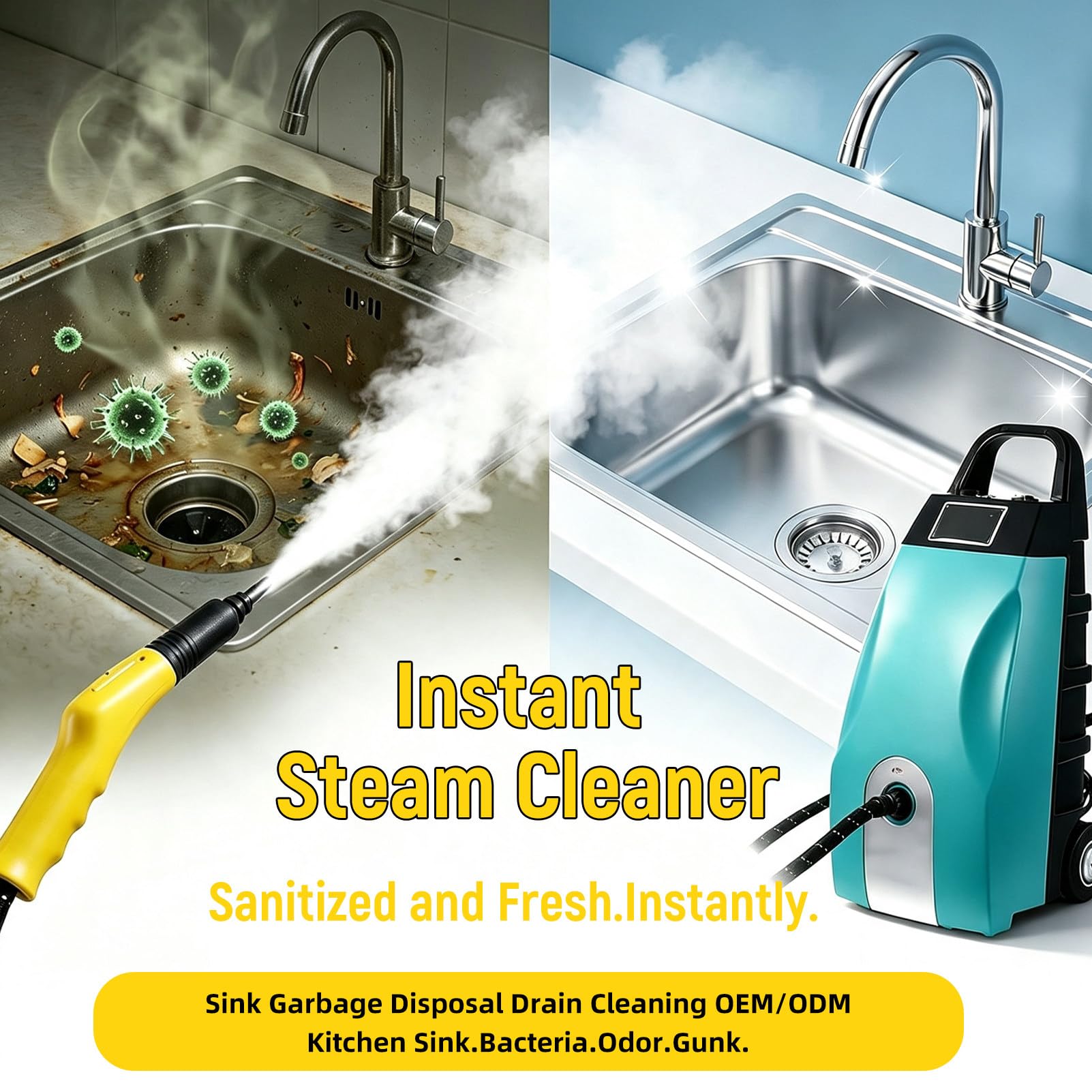 Pulitore a Vapore ad Alta Pressione per Uso Professionale. Yellow | Pulitore a vapore portatile, serbatoio capiente da 3,5 l, 6 accessori inclusi, per pavimenti, grasso e griglie.