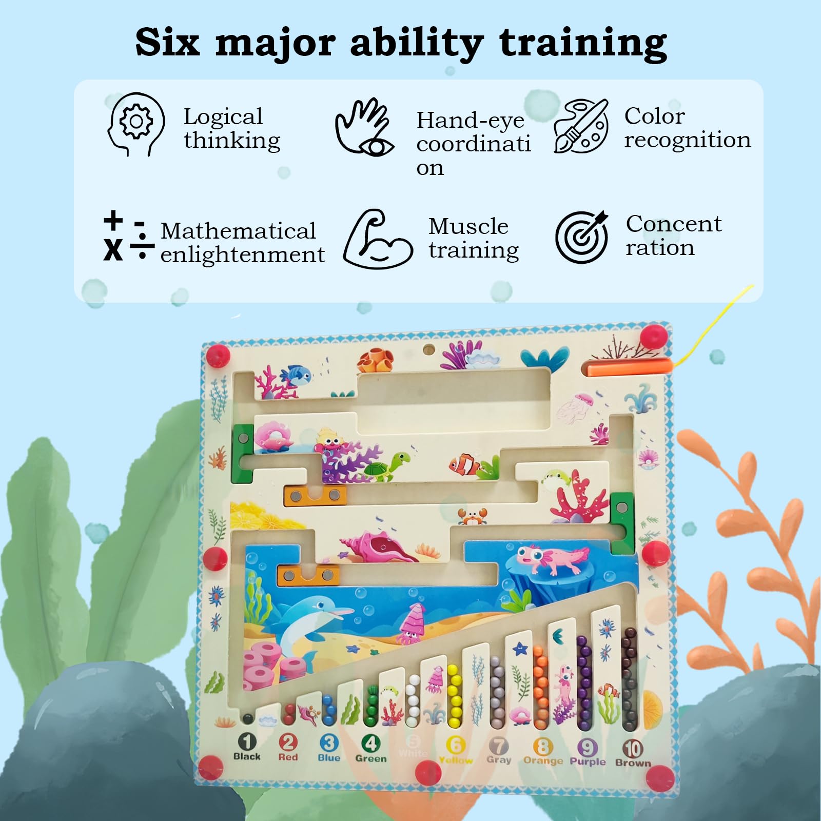 Gioco Magnetico Montessori In Legno – Labirinto Colori E Numeri A Tema Oceano, Per Motricità Fine, 3-6 Anni - 3