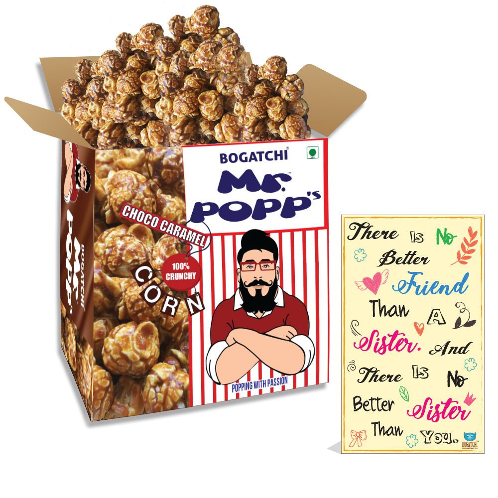 BOGATCHI Mr.POPP's Chocolate Crunchy Caramel Popcorn, Handcrafted Gourmet Popcorn, Perfect Rakhi Gift for Girl , 375g + Free Happy Rakhi Greeting Card-picture-17