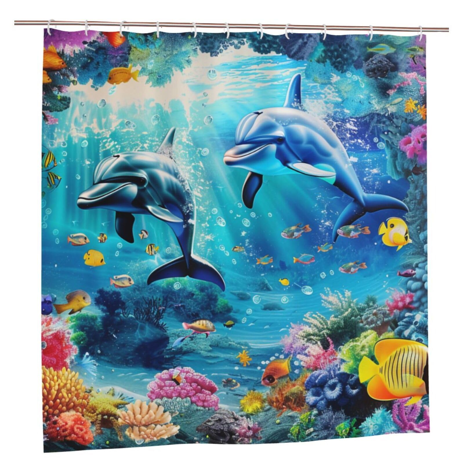 BWWHCCTI Sea Underwater Dolphin Fish Printed Shower Curtain With 12 Plastic Hooks Opaque Quick Drying Waterproof Shower Curtains Sets For Bathroom 183x183 CM