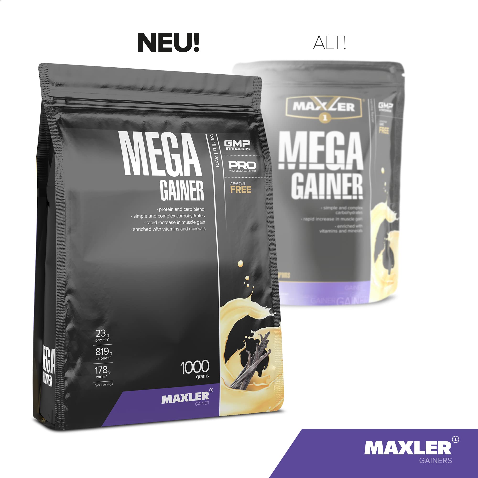 Maxler Mega Gainer - przyrost masy mięśniowej - wanilia - 1000g - połączenie białka, węglowodanów, witamin i minerałów - 10% białka serwatkowego - wysokokaloryczny shake
