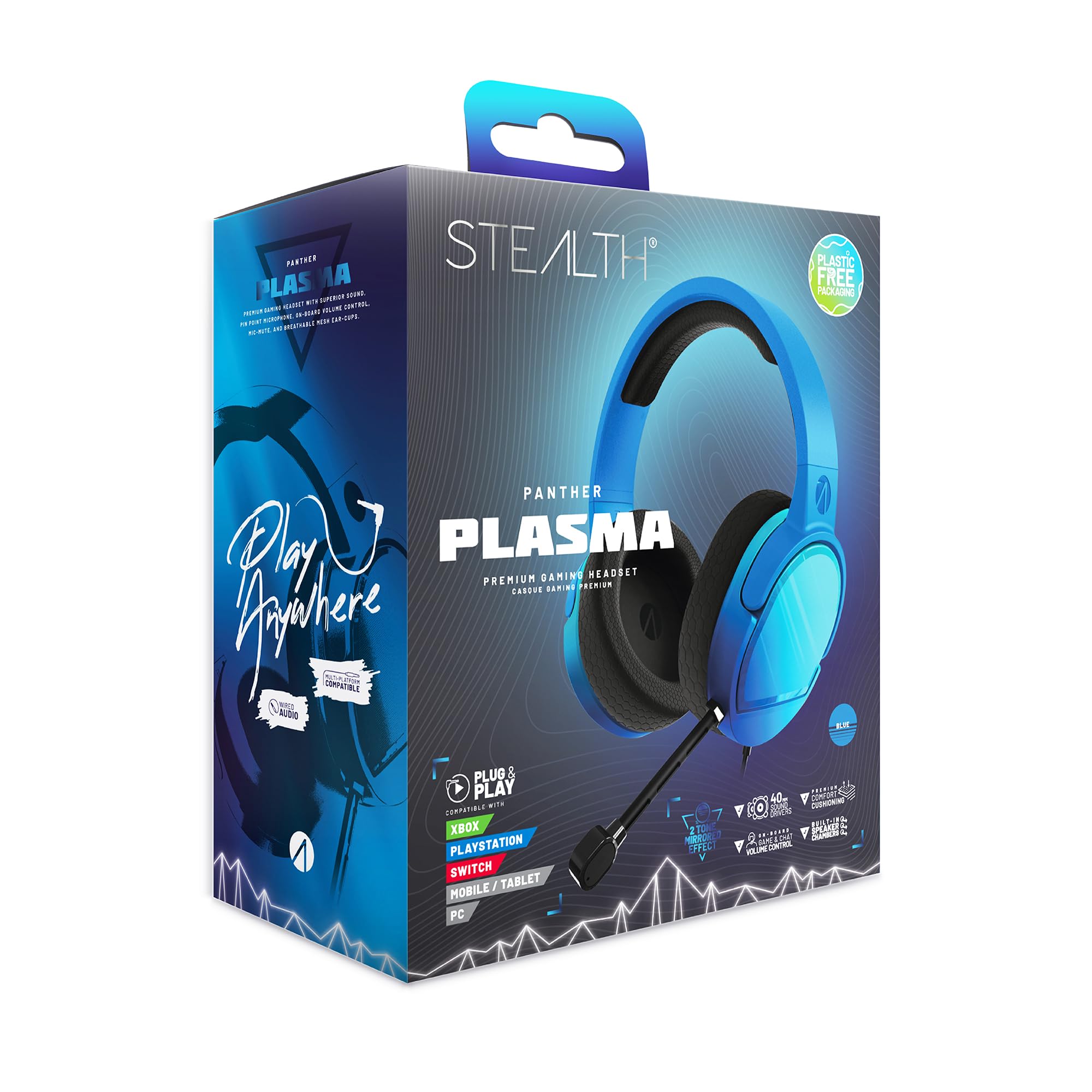 STEALTH PANTHER Plasma Blue - nauszne słuchawki gamingowe kompatybilne z PS4/PS5, XBOX, Switch, PC z elastycznym mikrofonem, gniazdem 3,5 mm, kablem 1,5 m, lekkie, wygodne i wytrzymałe