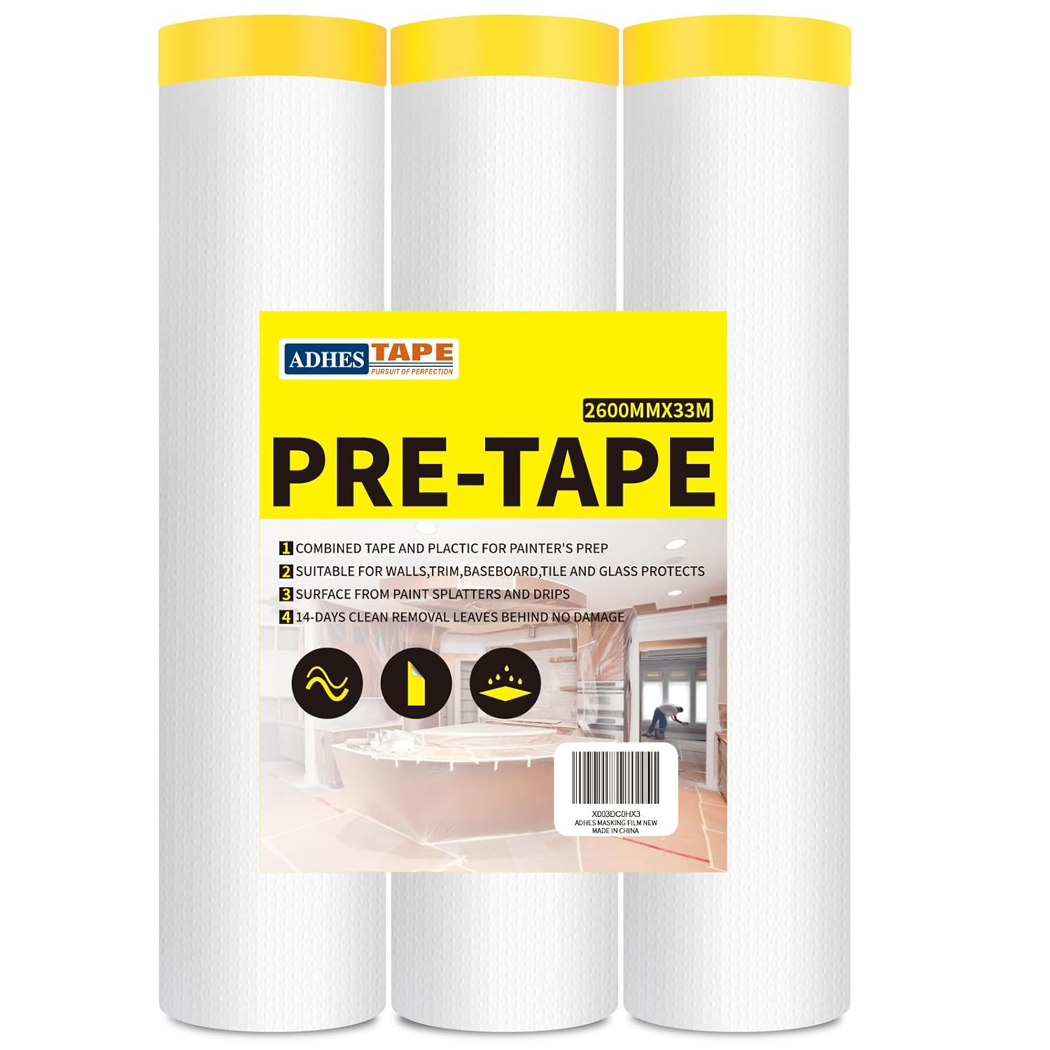ADHES Pre Taped Masking Film with Adhesive Edge, 103 inch x 36 Yards x 3 Rolls No Residue Masking Tape for Painting, Automotive, and DIY Projects Tape and Drape for Floor Furniture Protection